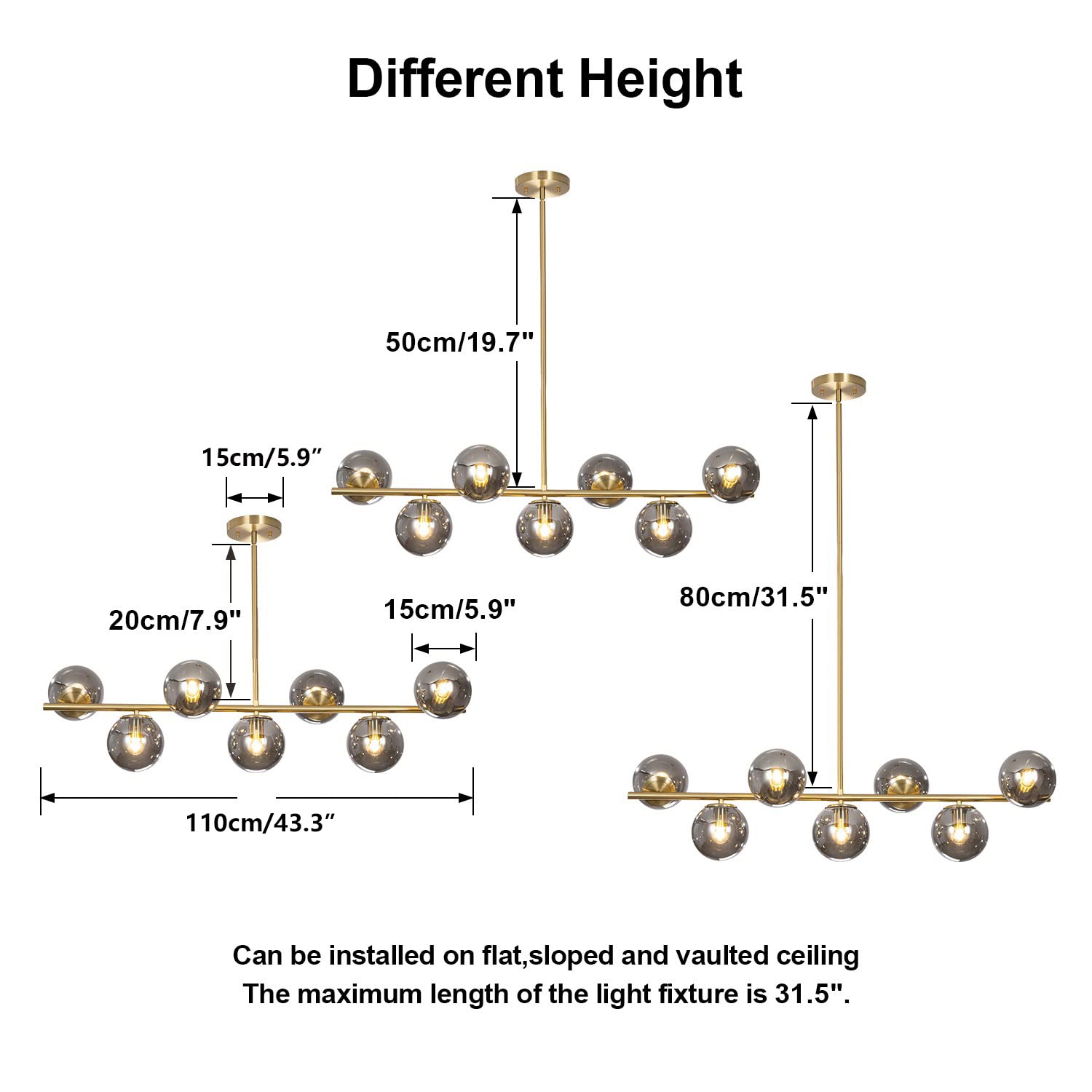 Kco Mid Century Modern 7-Light Gold Brass Sputnik Chandelier With Smoke Glass Spheres