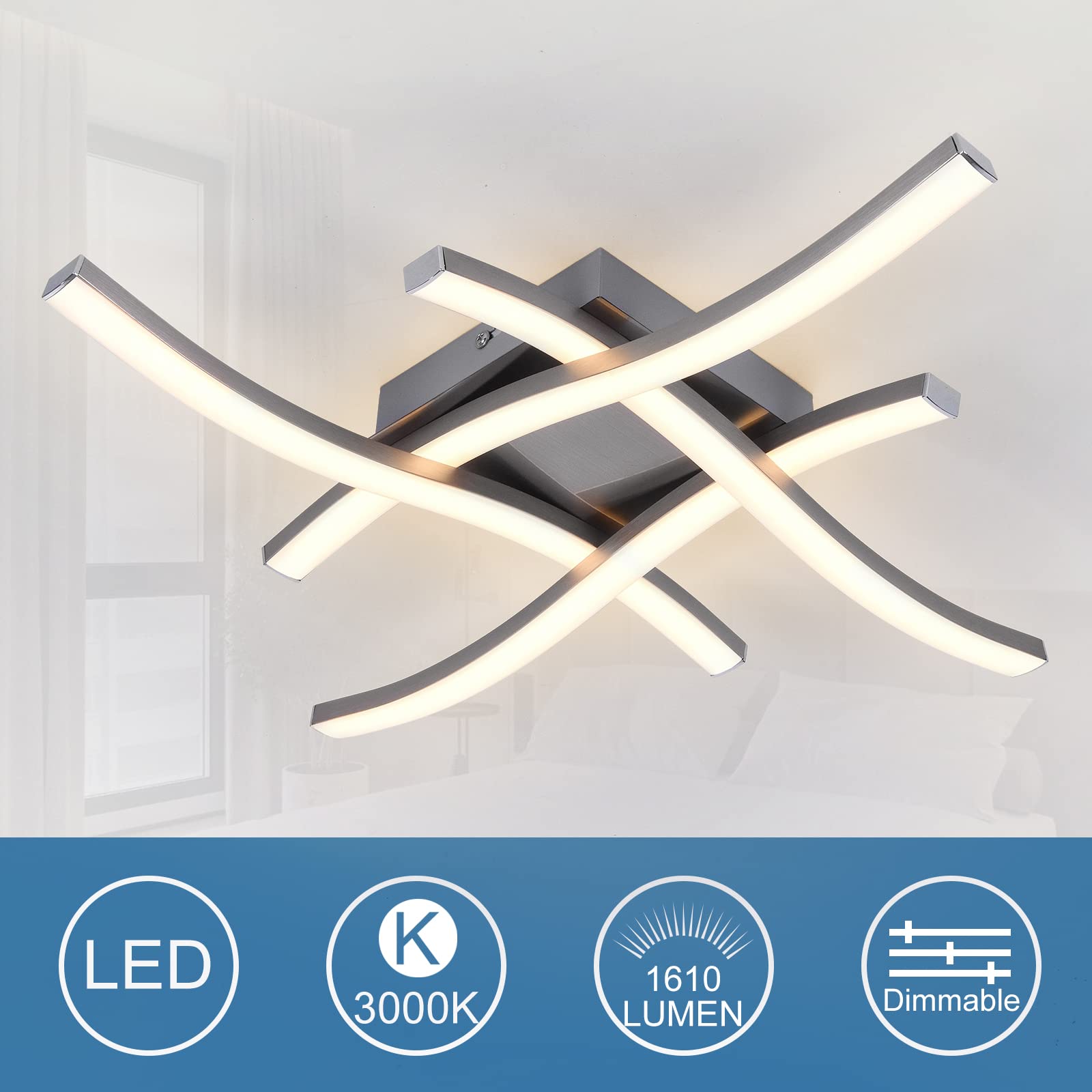 Edislive Modern Dimmable Led Ceiling Light Curved 4-Light 18 In Minimalist Flush Mount Ceiling Light Fixture Lamp For Bedroom Fo