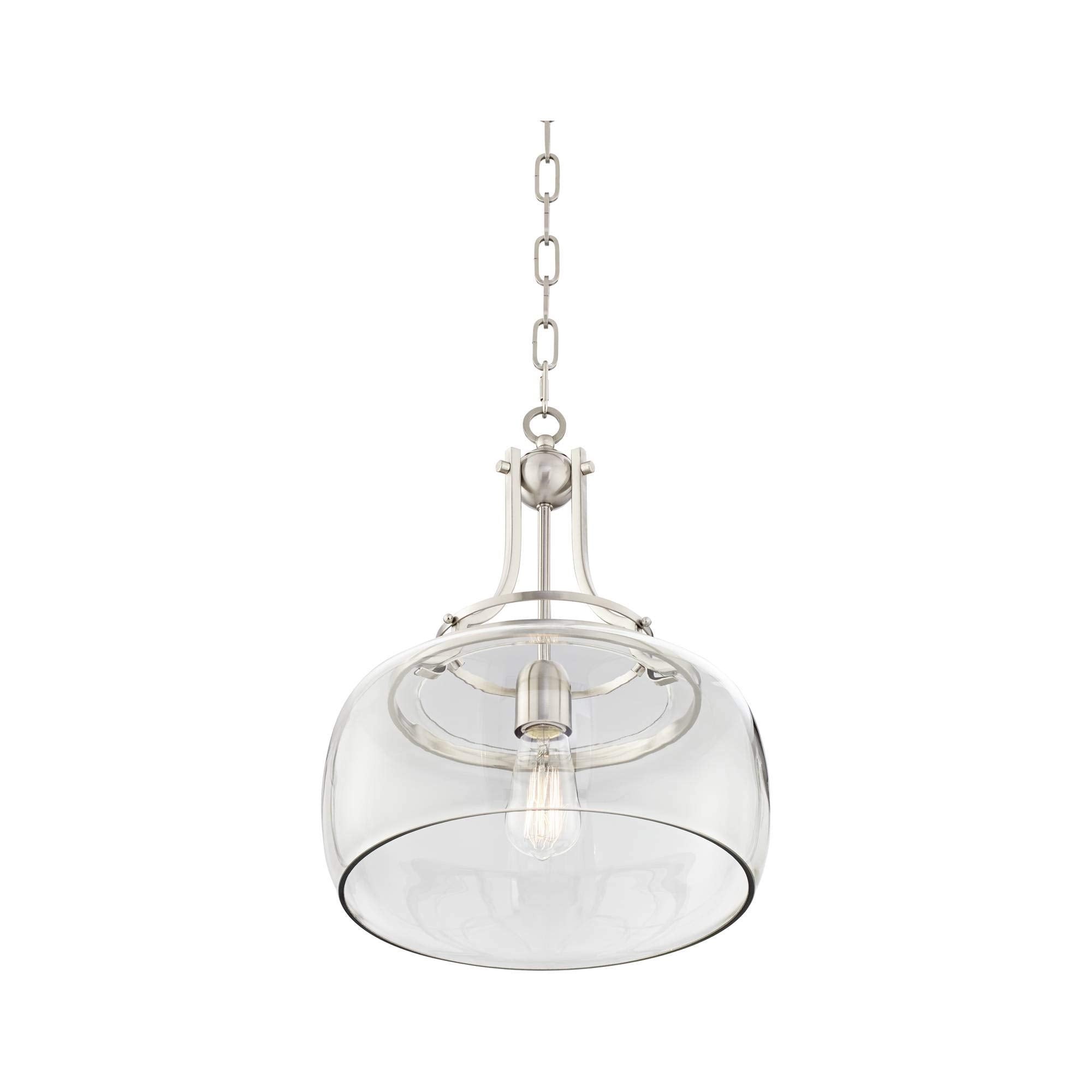 Franklin Iron Works Pendant Light - Brushed Nickel, Clear Glass, 13.5in Wide, 16in High, Model 7P203, Single Light for Farmhouse Decor