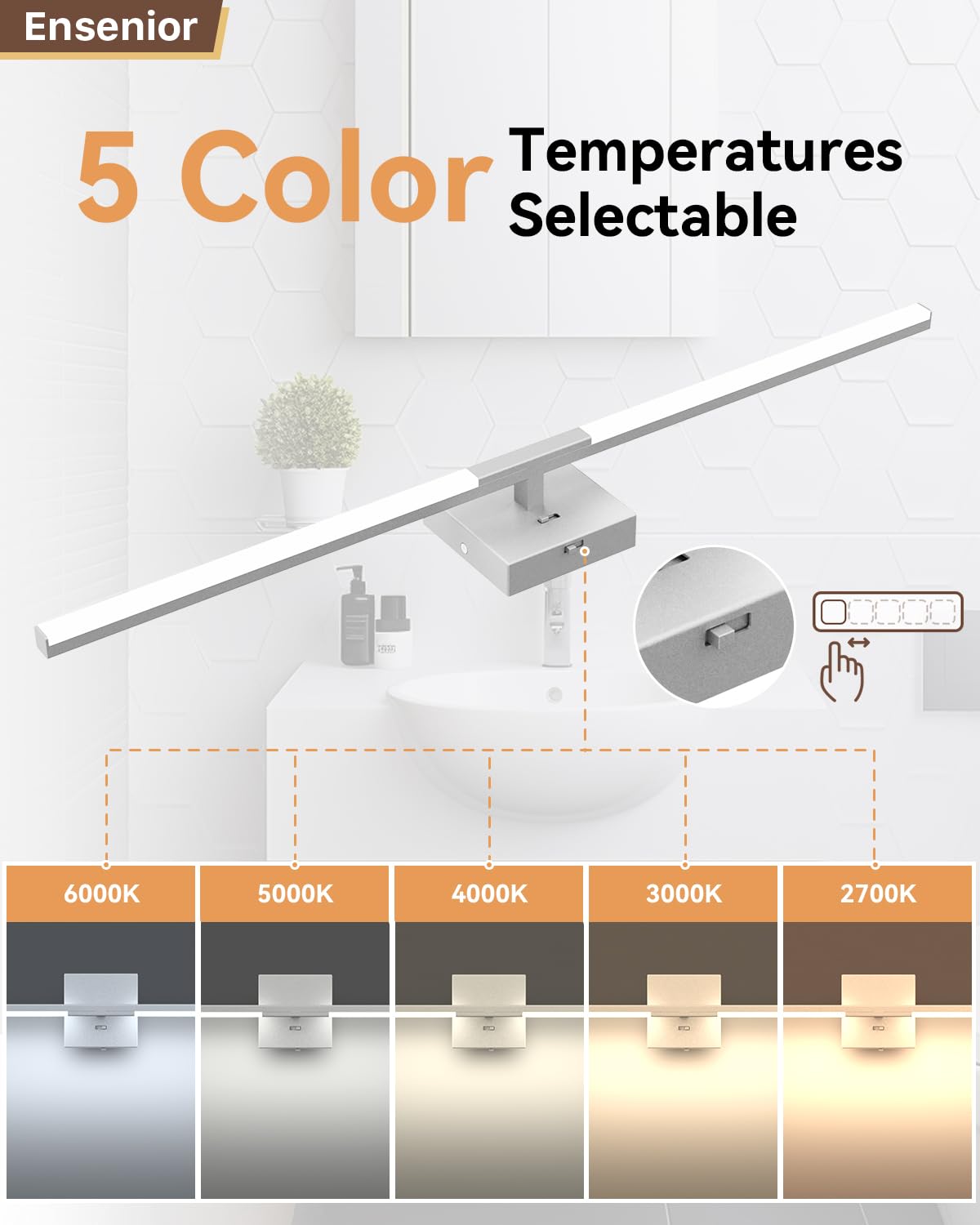Ensenior Modern Vanity Light 32 Inch, Built-In Dimmer, 20W Dimmable 5Cct Led Light Fixture Over Mirror, Silver Bar For Bathroom