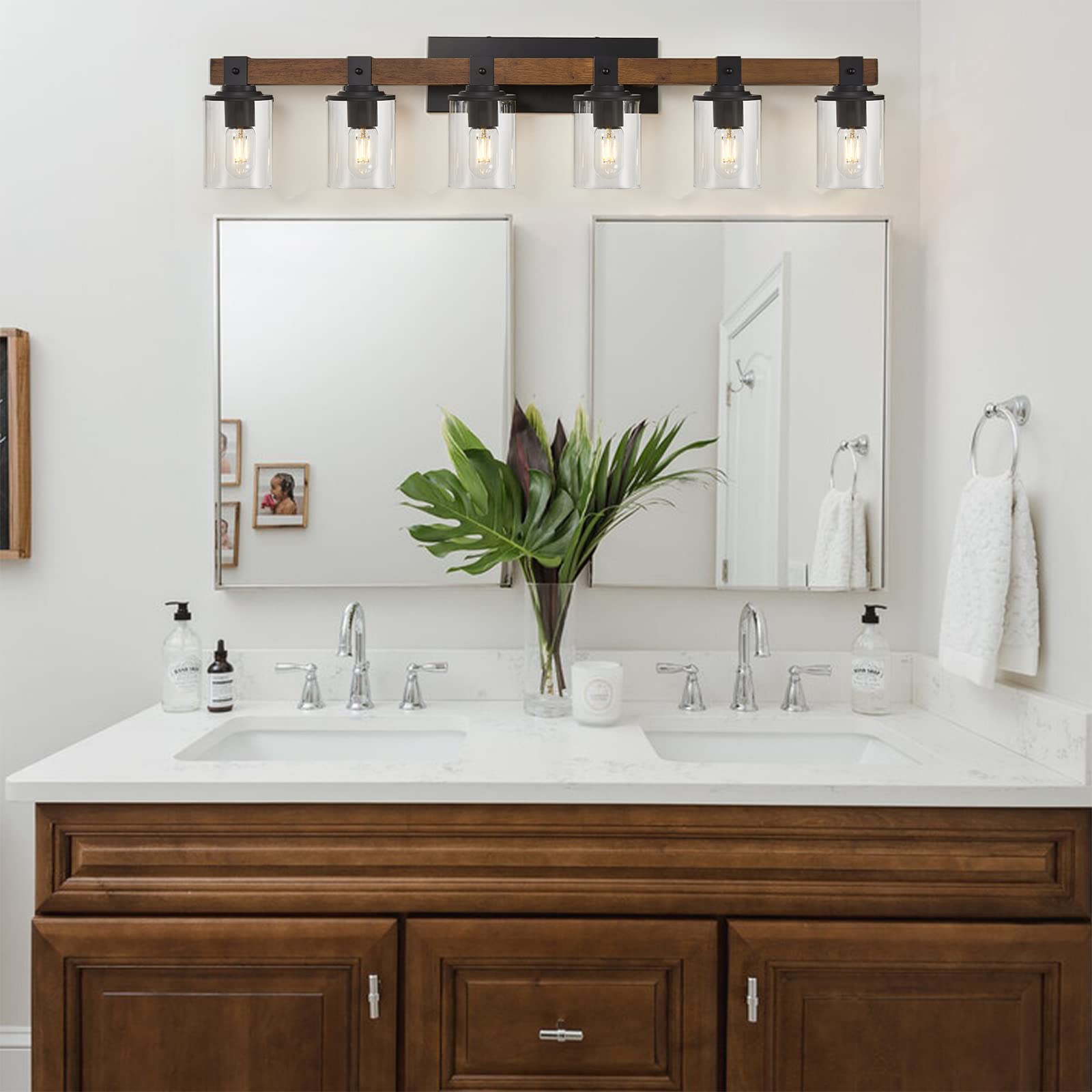 Drnanlit 6-Light Rustic Bathroom Vanity Light Fixture, Antique Wood & Clear Glass Shade