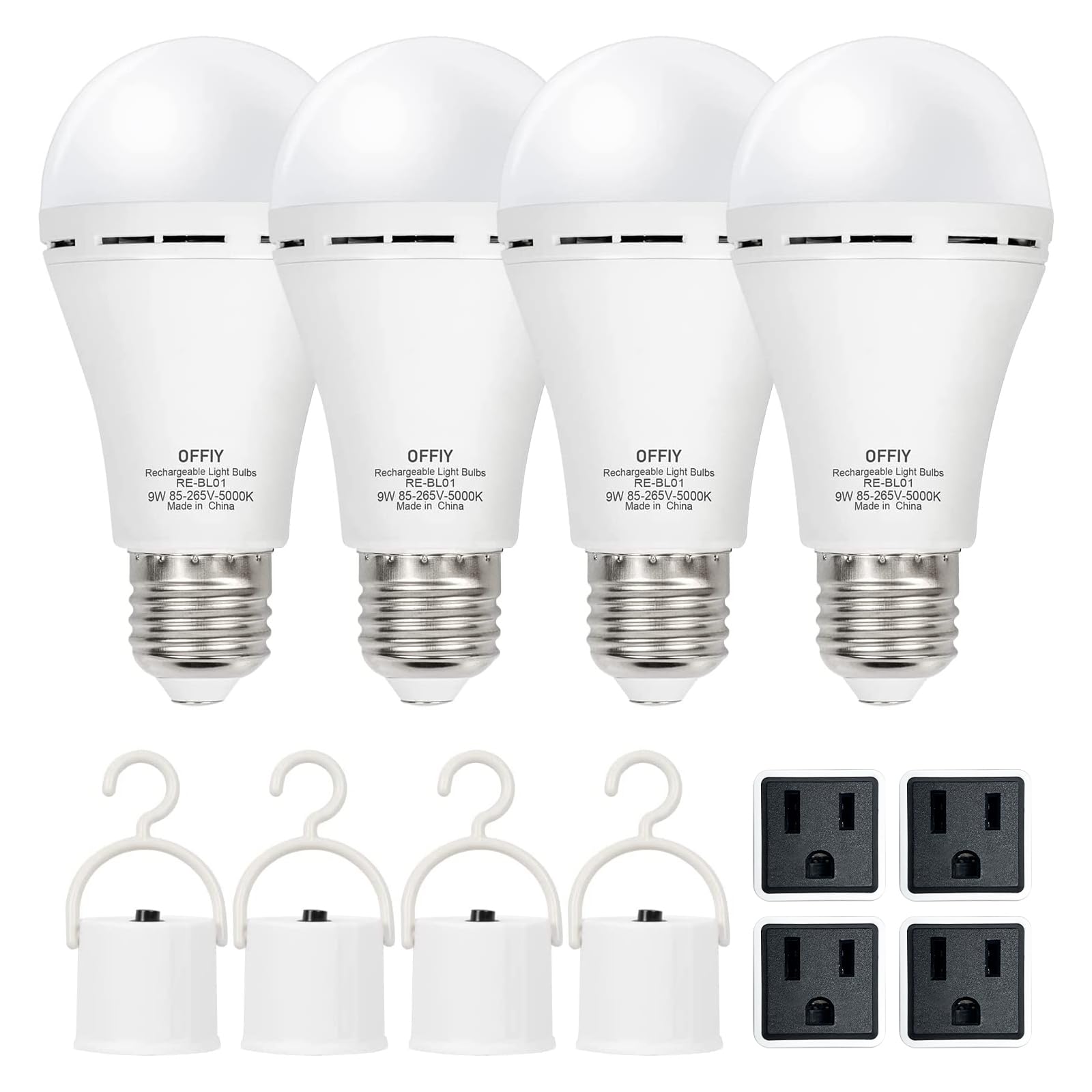 Offiy Rechargeable Light Bulbs & Plug Caps Combo, 1800Mah High-Capacity Battery, 9W,750Lm,5000K Emergency Light Bulbs For Power 