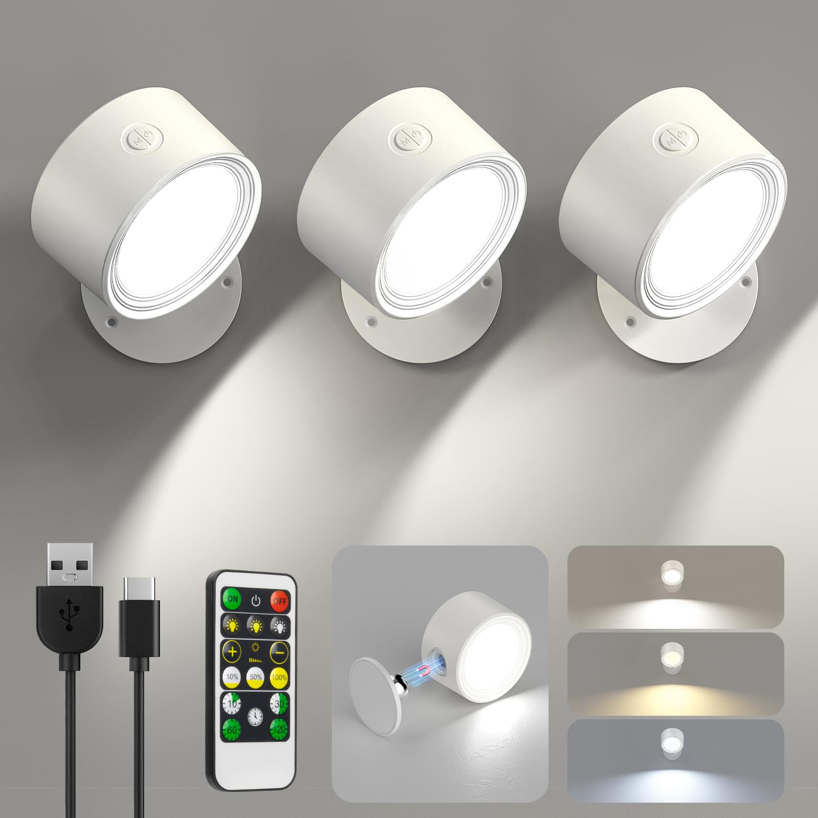 Led Wall Sconces 3 Pcs With Remote, Wall Mounted Lights Rechargeable Battery Operated, 3 Color Temperatures & Dimmable Wall Lamp