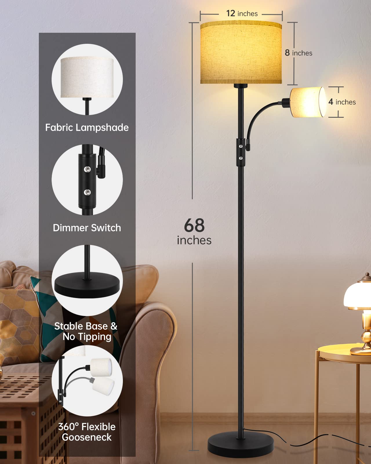 Floor Lamps For Living Room, Modern Floor Lamp With Reading Lamp, 62'' Tall Standing Lamp, Beige Lampshades, Simple Pole Lamps F