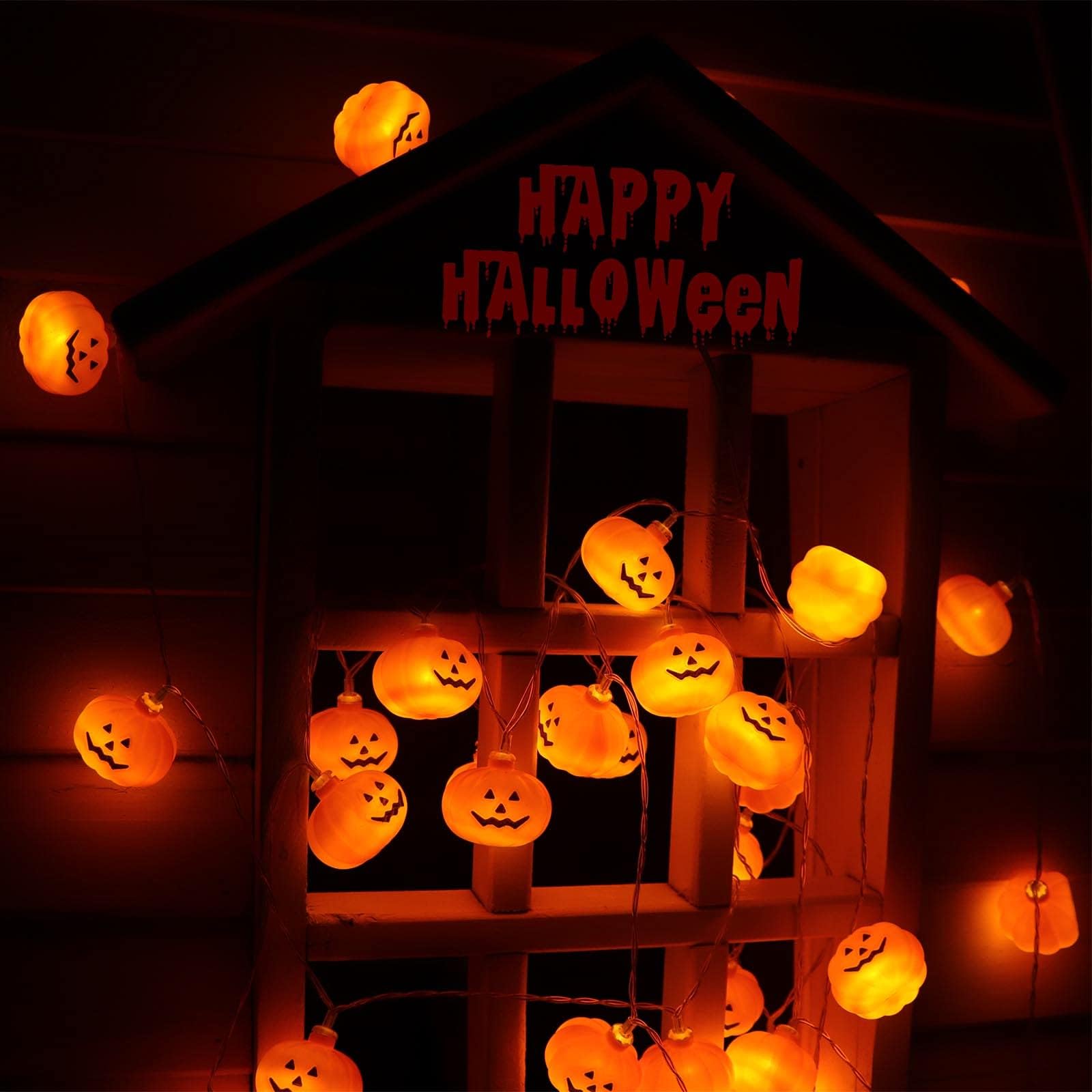 Runleo Halloween Pumpkin String Lights - 20 Led 10 Ft 3D Cute Waterproof Orange Jack-O-Lantern Battery Operated Lights, 2 Modes Steady/Flickering Lights For Indoor Outdoor Decor Party Decorations
