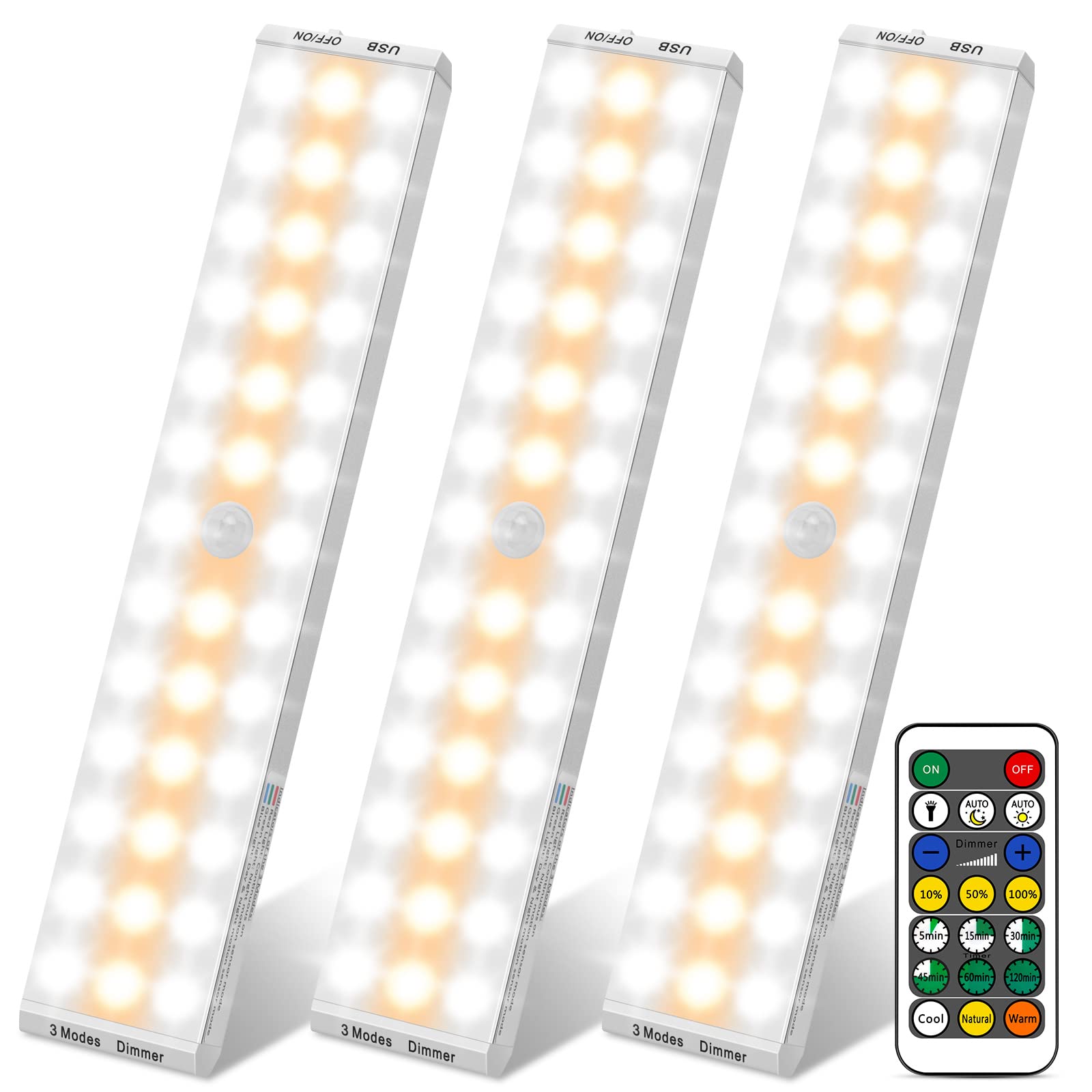 Alivation 38 Led Closet Lights, Under Cabinet Lighting Battery Operated Lights With Remote Wireless, 1500Mah Battery Powered Lights, Usb Rechargeable Motion Sensor Light Indoor, Dimmable - 3 Pack