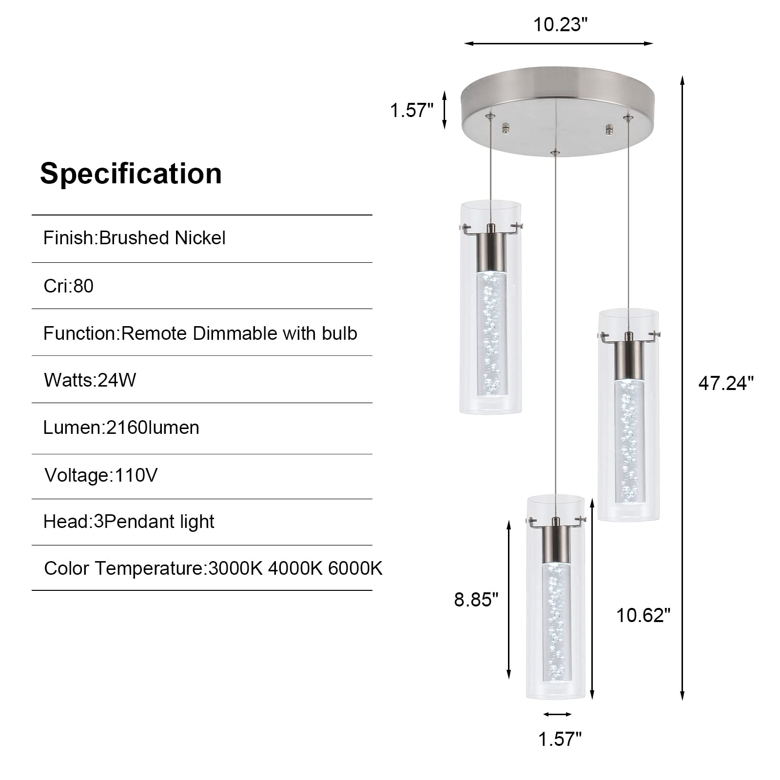 Bestwest Pendant Light, 3-Light Dimmable with Remote Control, Brushed Nickel & Clear Glass, Model BW-01-3-BN24W