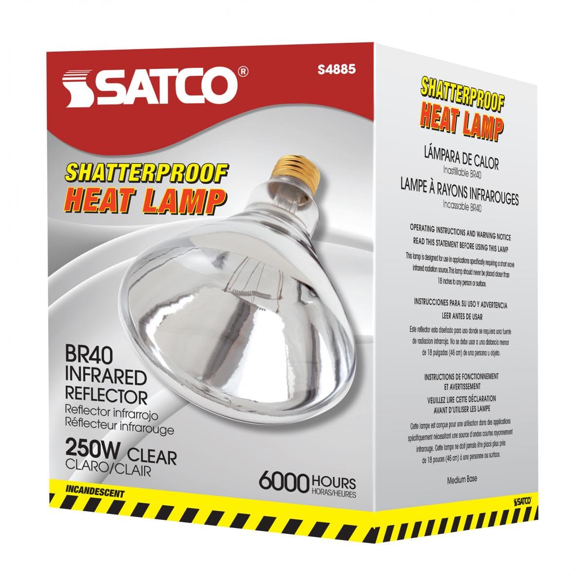 Satco S4885 Br40 Incandescent Heat Lamp Bulb, 250W, 120V, E26 Base, Clear Heat, Dimmable, Shatterproof Pfa Coating, 6000H, 2700K