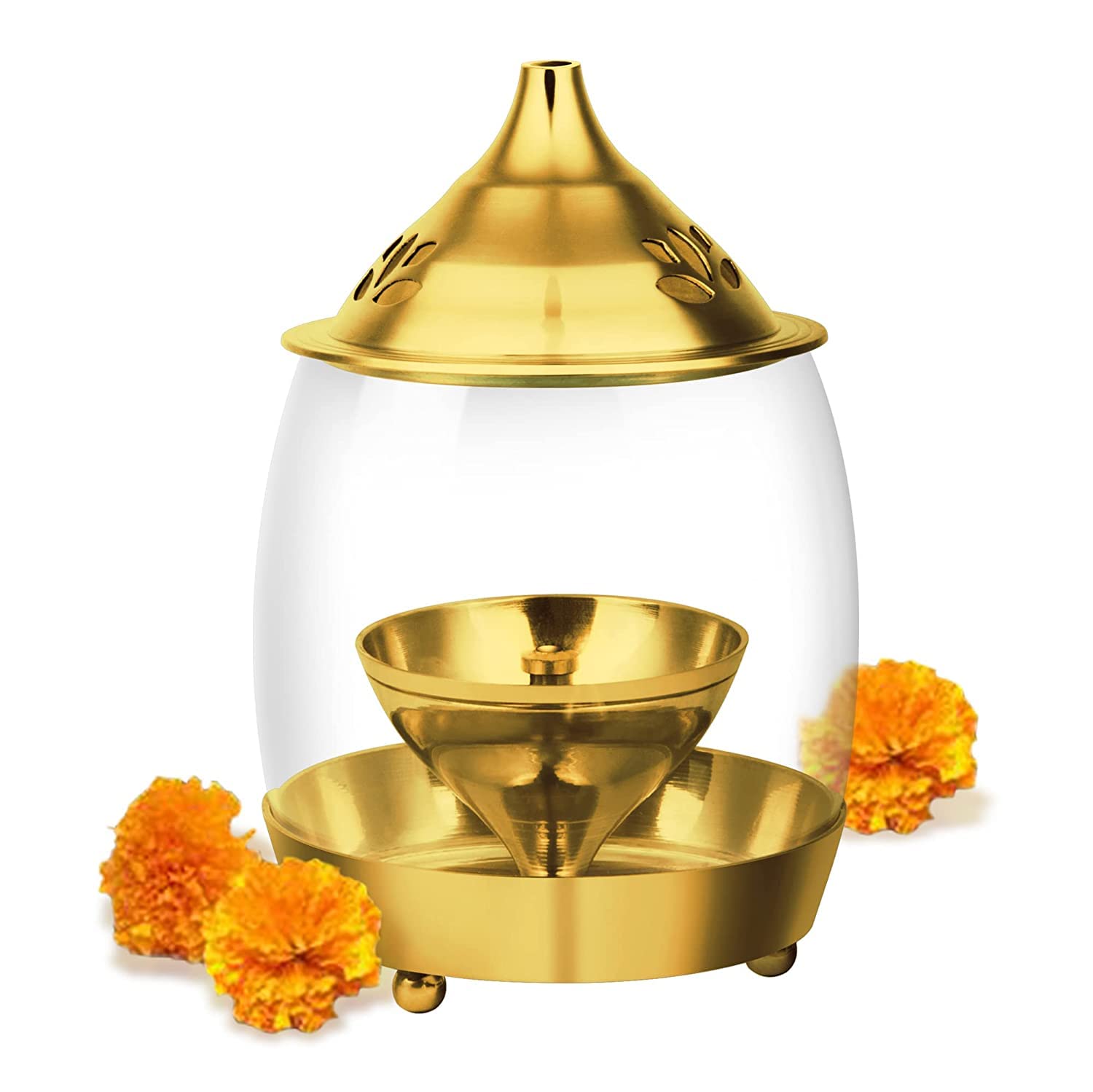 True Decor 6 Inches Akhand Deepak for Puja Arpan Diya Akhand Diya with Curved Borosilicate Glass Cover Akhand Jyoti Deepam