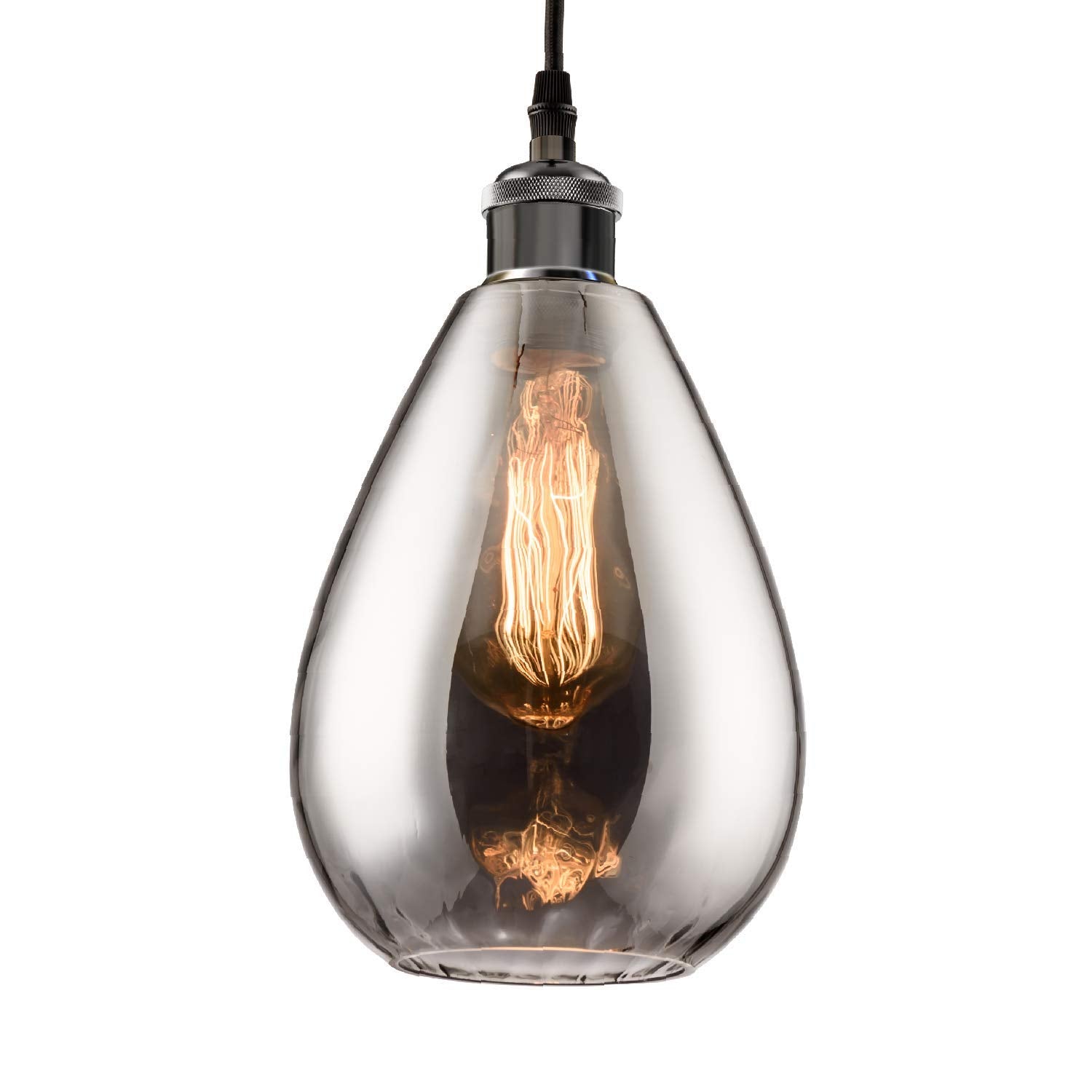3 Packs Industrial Glass Pendant Lights for Kitchen Island, Modern Teardrop Chrome Mirror Effect Lighting Fixture Edison Hanging