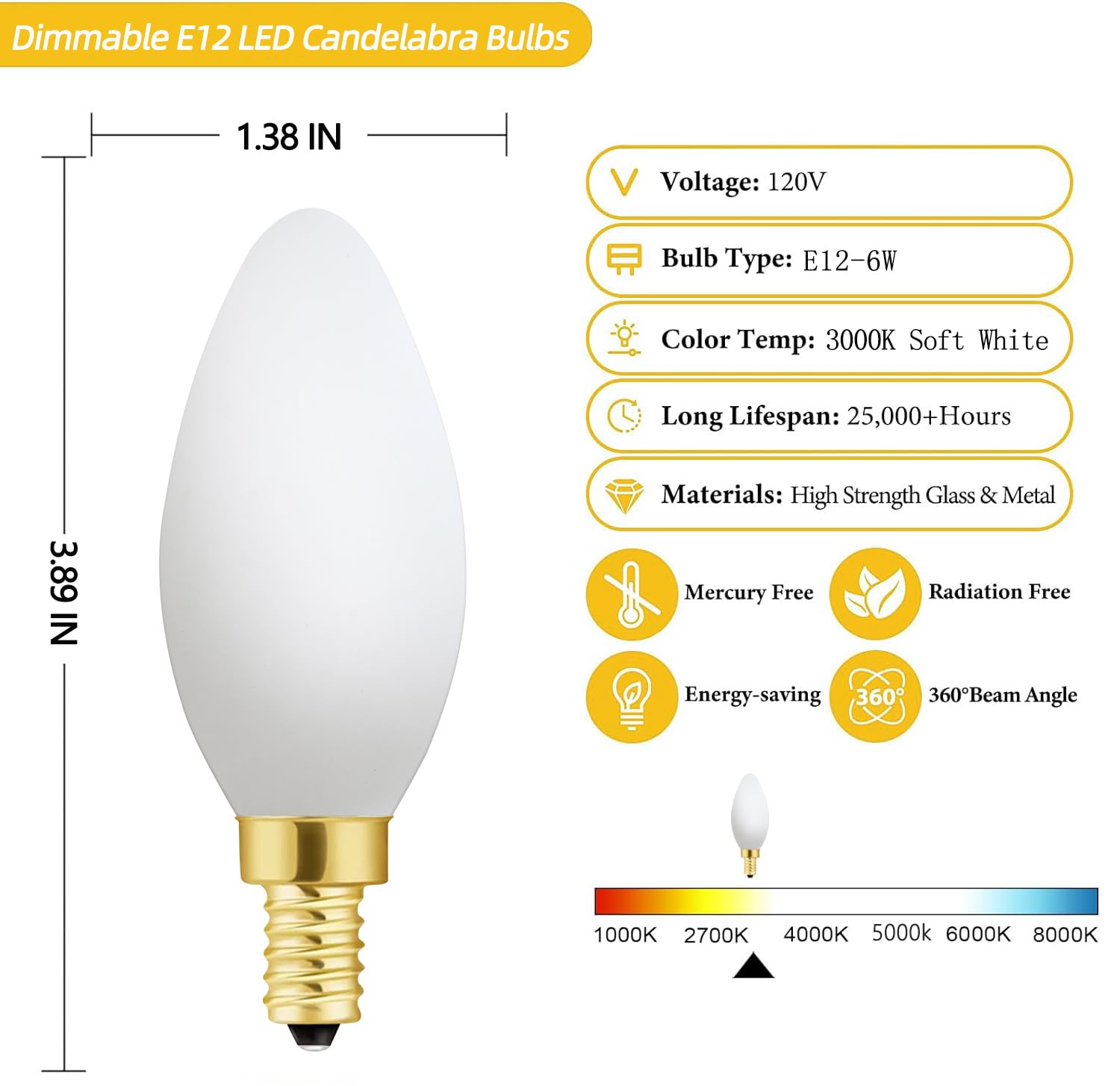 Xininsun Frosted Led Bulb Dimmable 6W Equal Soft White 3000K E12 Candelabra Bulb 60 Watt For Chandeliers,Ceiling Fan,Pendant,Wal