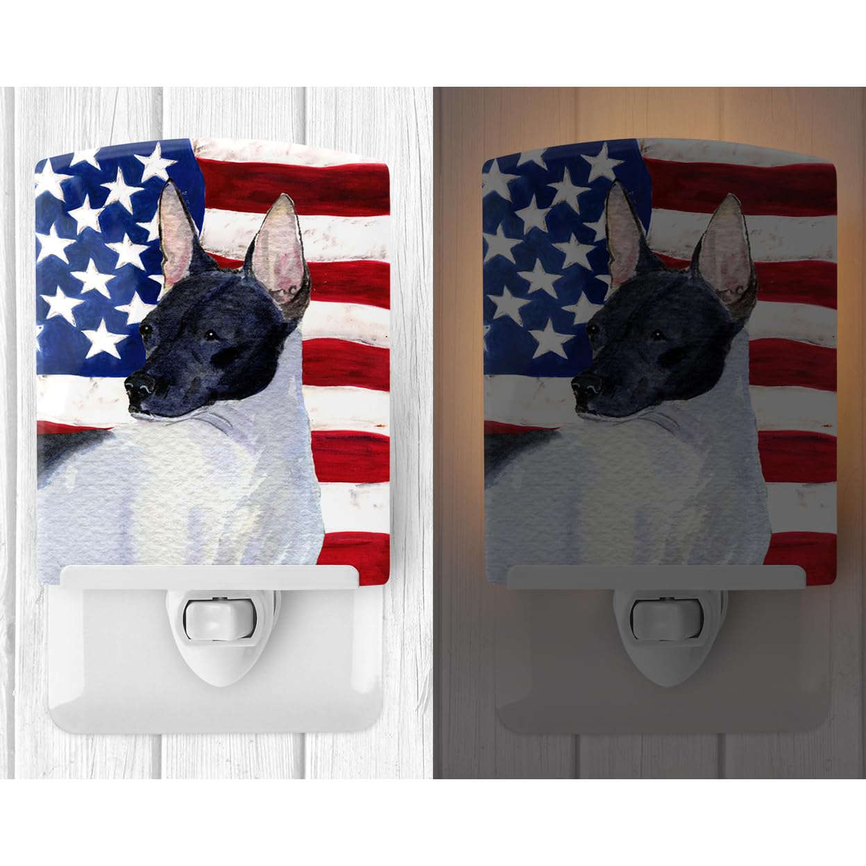 Carolines Treasures Ceramic Night Light, USA American Flag, Rat Terrier Design, 6x4x3 inches, Multicolor, Model SS4054CNL