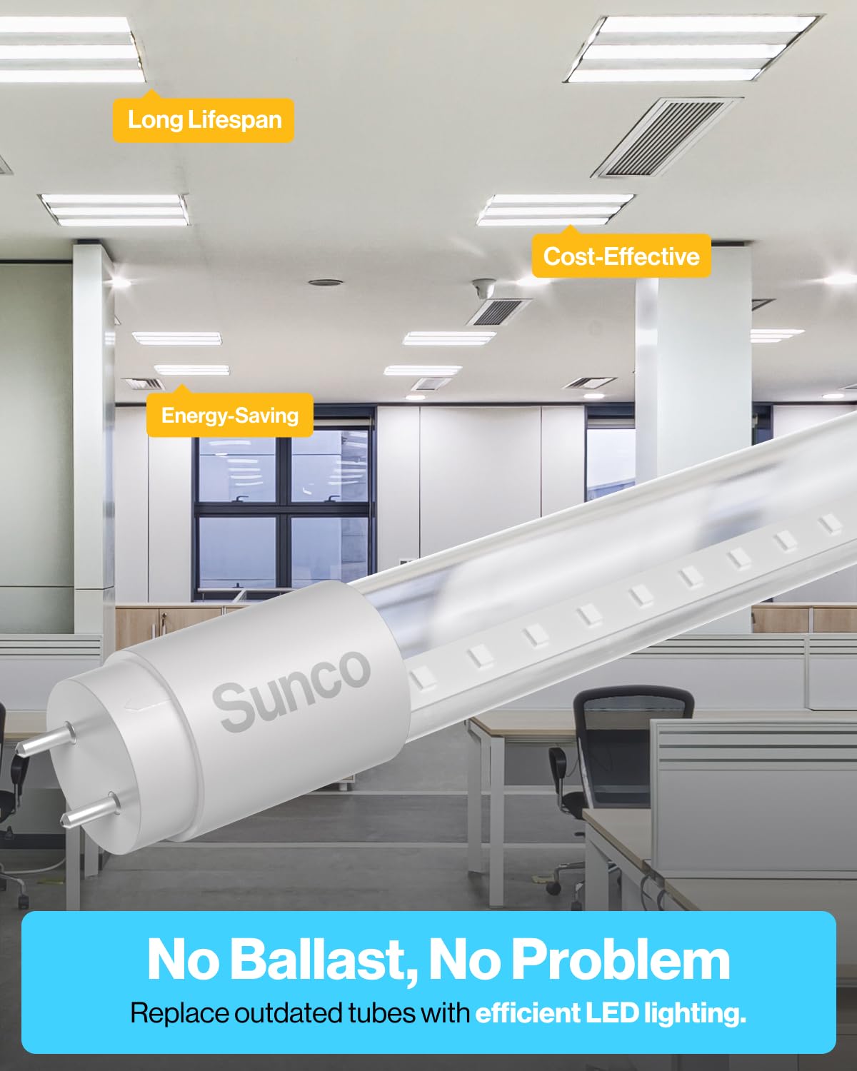Sunco Lighting T8 LED Tube Light Bulbs, 50 Pack, 18W, 6000K Daylight, Clear Cover, Ballast Bypass, Commercial Grade
