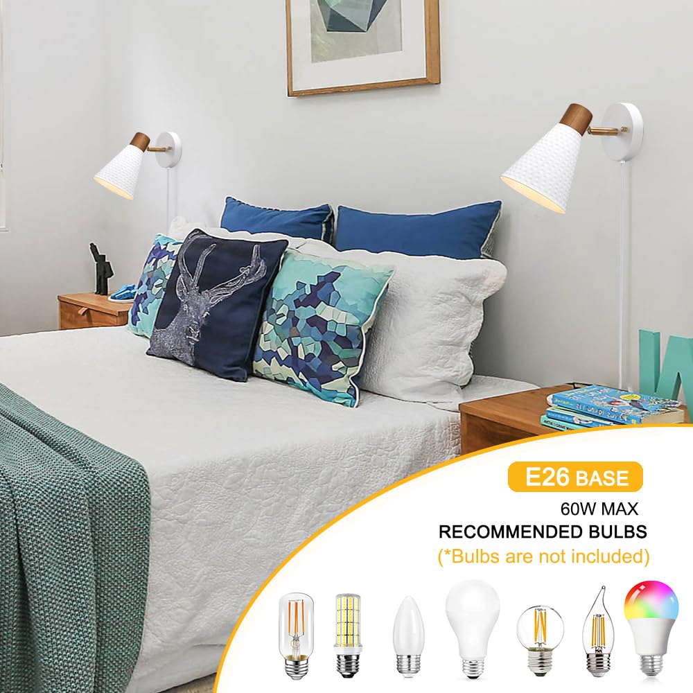 White Plug In Wall Sconces Set Of 2, Modern Wall Light With Plug In Cord, Wooden Plug In Wall Lamps With Hammered Metal Shade, Corded Wall Sconce Light Plug In For Bedroom, Living Room, Hallway