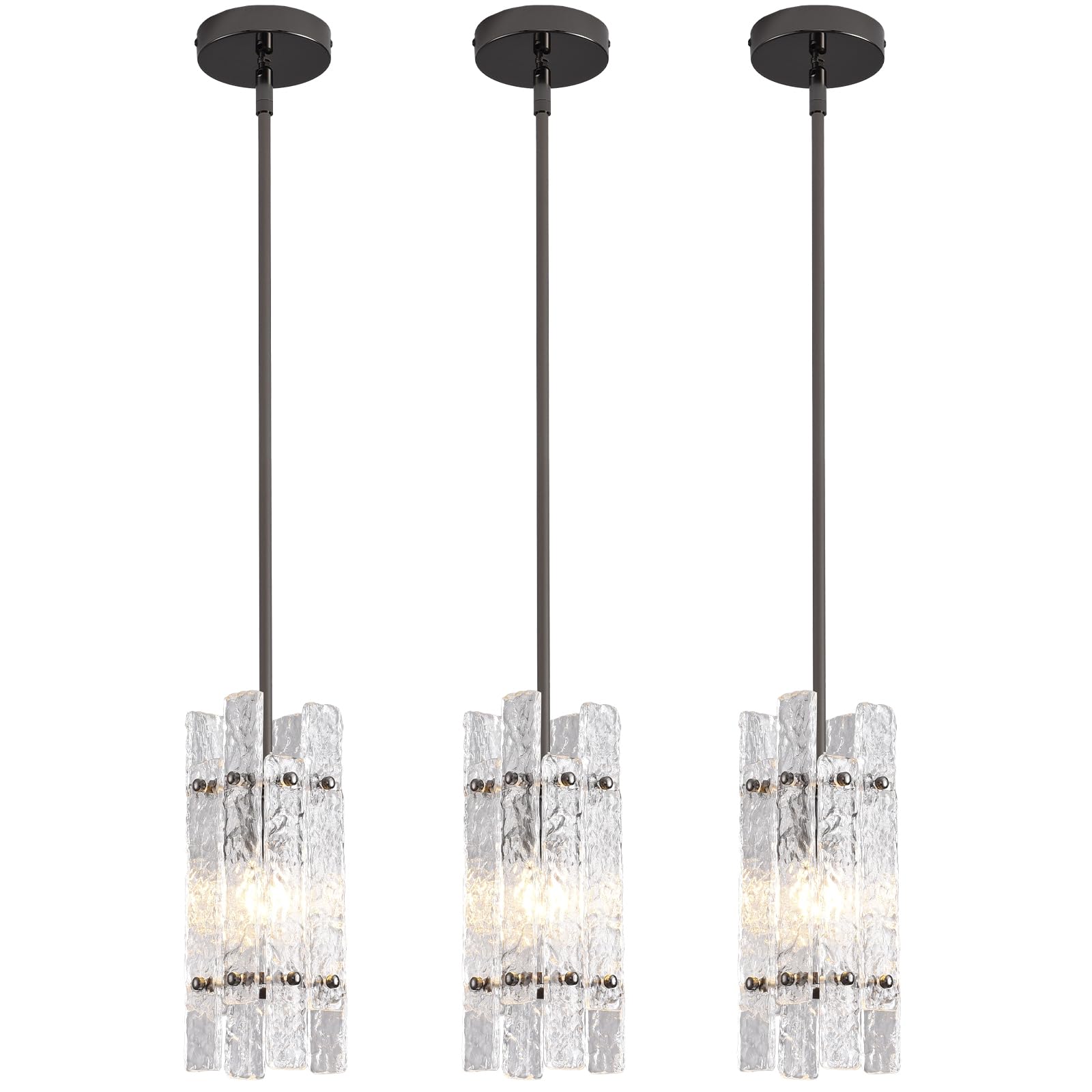 Modern Crystal Pendant Light for Kitchen Island  Pearl Black Elegant Mini Water Ripple Glass Chandelier Lights Fixture  Square Adjustable Hanging Pendant Lighting for Dining Room Bedroom (3-Pack)