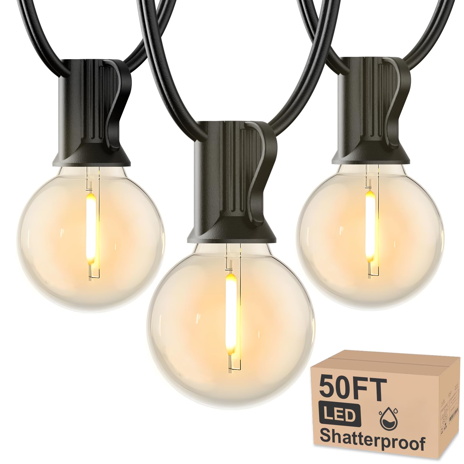 RTTY Outdoor String Lights 50FT Globe LED Waterproof Dimmable Black G40 Bulbs for Patio, Backyard, Porch, Deck Decor