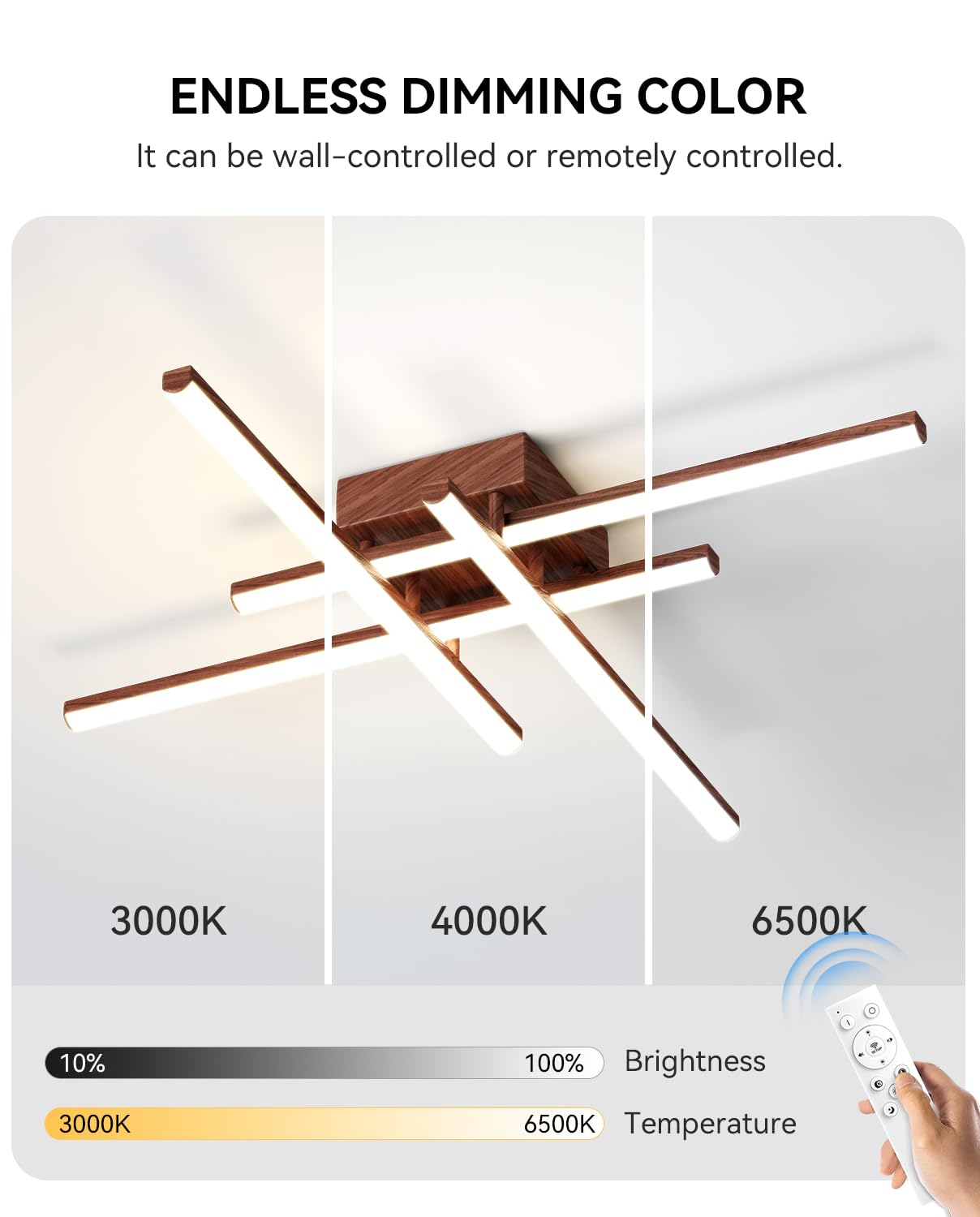 JFHTNFJ Modern Sputnik Ceiling Light Fixture LED Dimmable with Remote Control 4-Light Wood Color Chandelier for Bedroom, Kitchen, Living Room