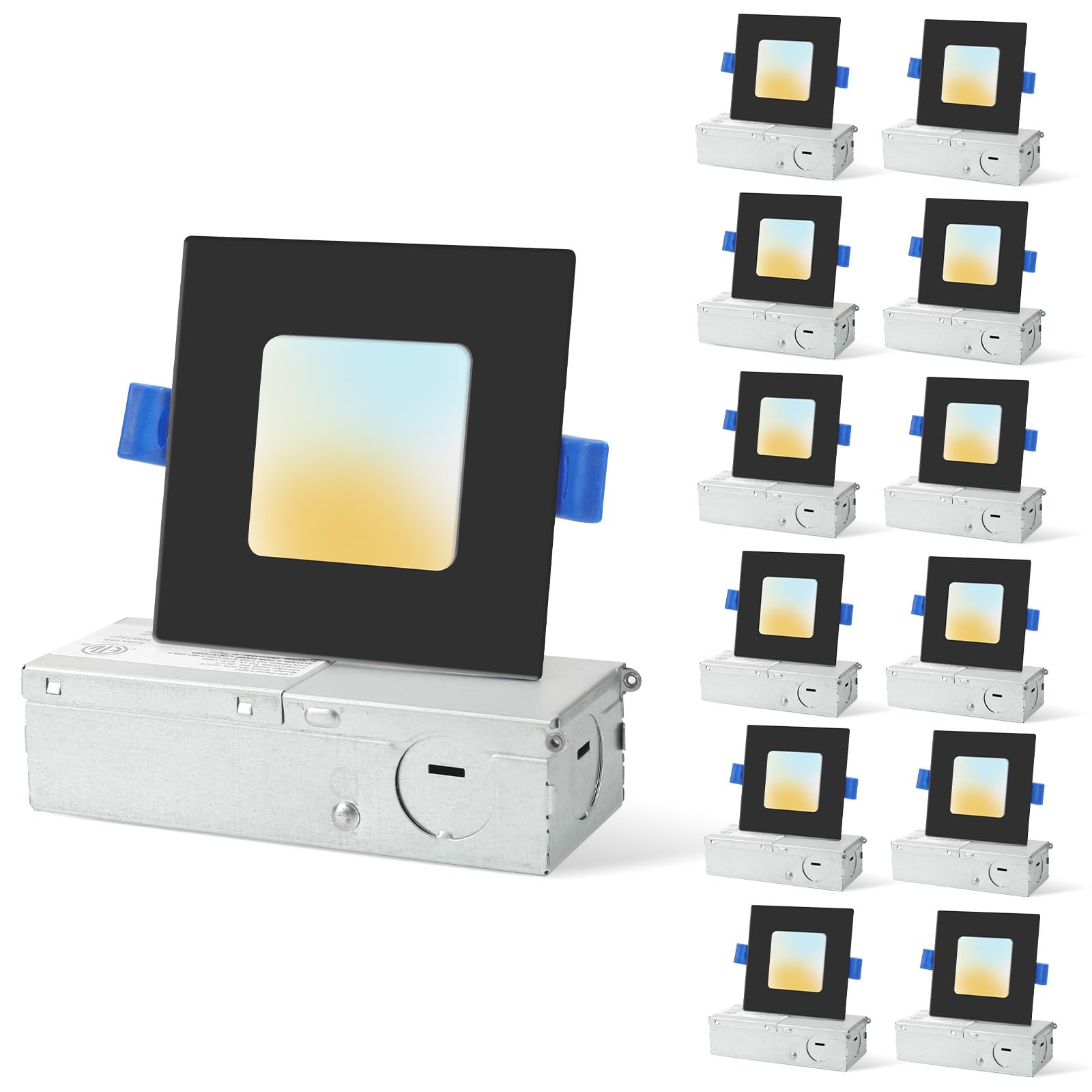 HONZIN 12 Pack 3 Inch Square Recessed Lighting, 5CCT Ultra Thin Square Recessed LED Downlight with Junction Box, 2700K/3000K/350