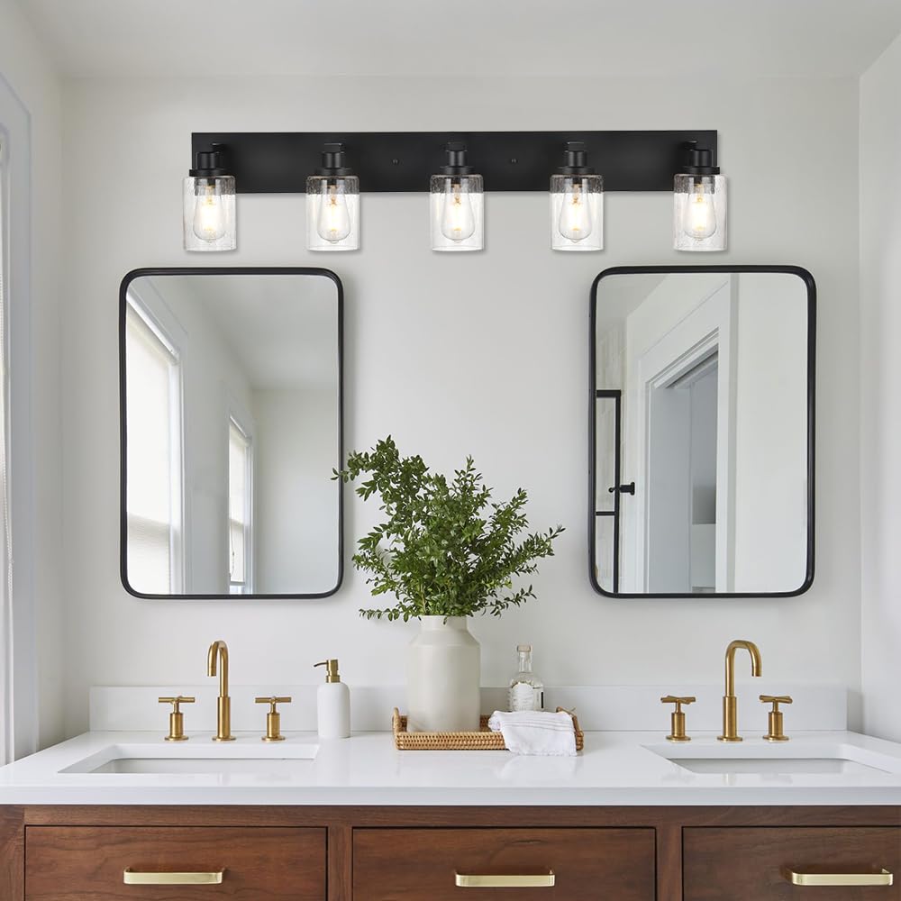 Winshen 5-Lights Farmhouse Bathroom Vanity Light In Black Finish Wall Mount Lighting Fixtures With Seeded Glass For Mirror Cabin