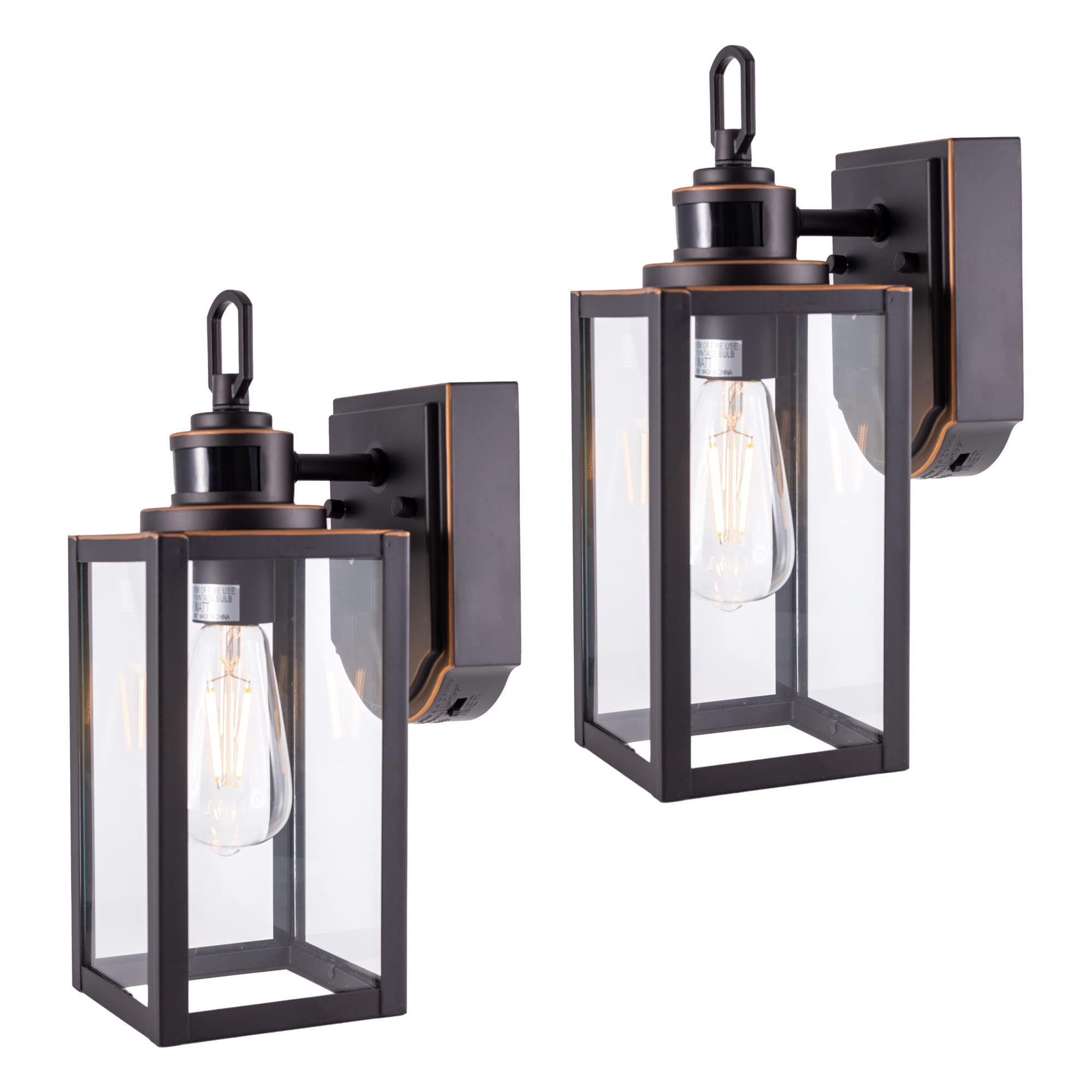 GRUENLICH Dusk to Dawn Outdoor Wall Lantern, PIR Motion Sensor, E26 Max 60W, Metal Housing, Oil-Rubbed Bronze, 2-Pack, Model GR-WL