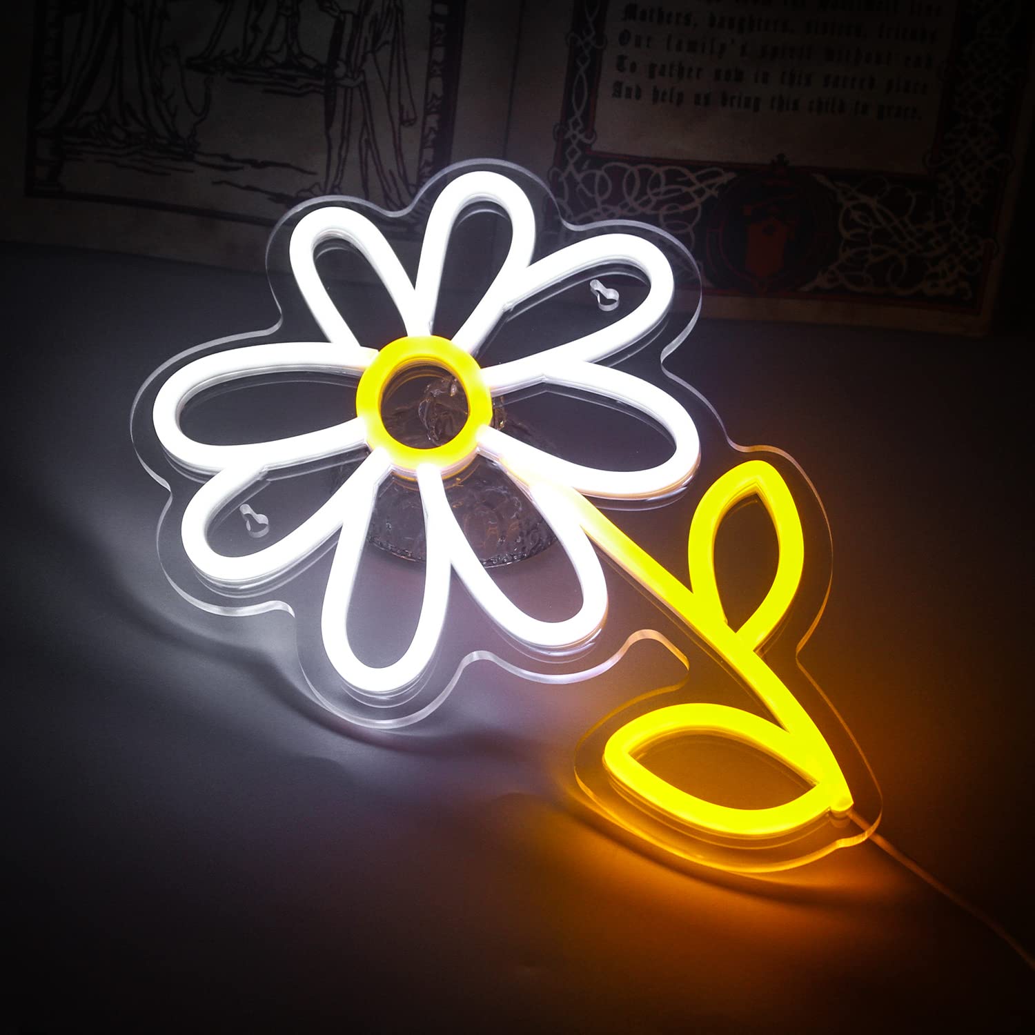 ineonlife Daisy Flower Neon Sign - LED Wall Decor for Bedroom, USB Powered, Acrylic, White Gold