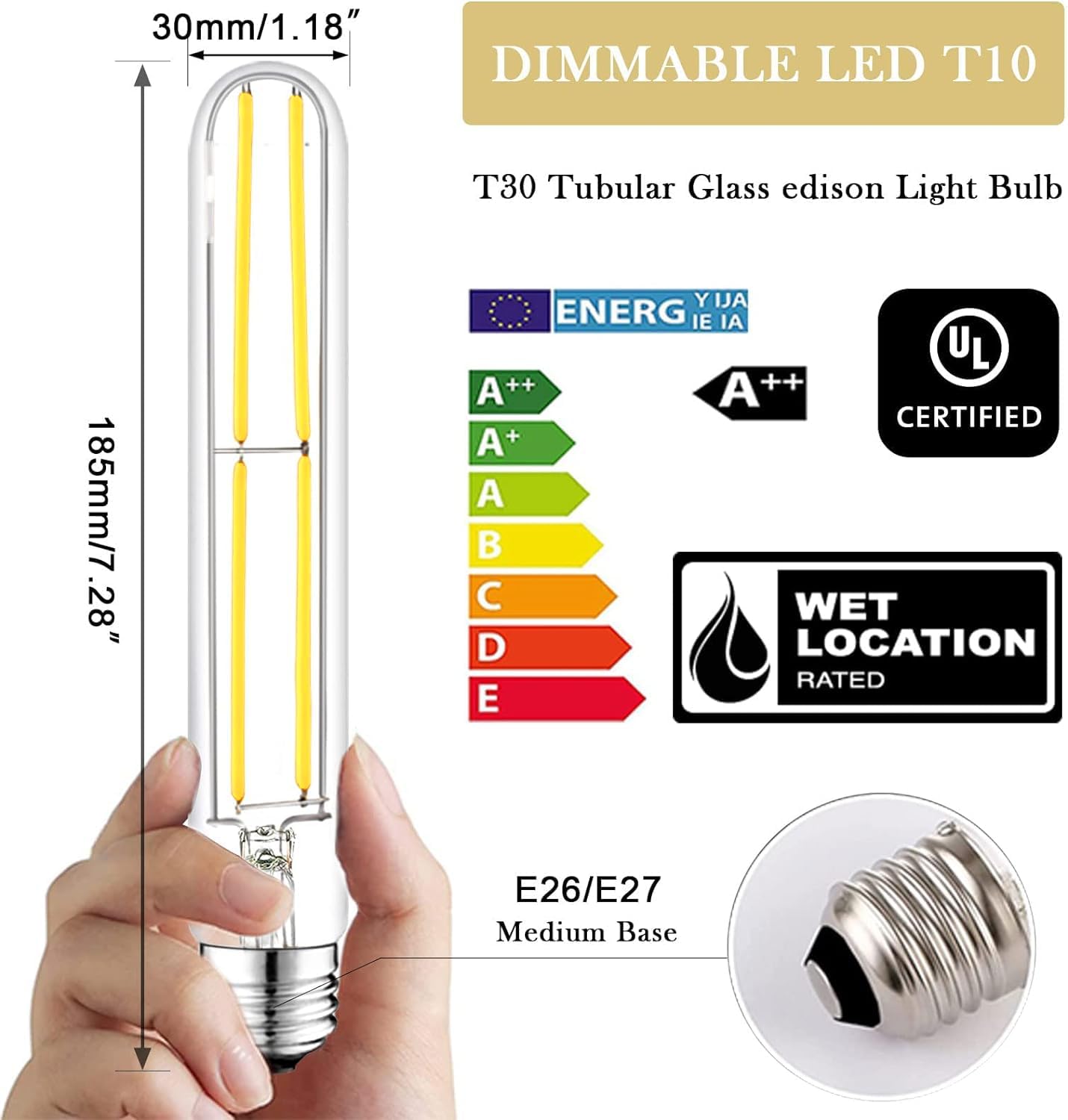 NOVELUX E26 LED Bulb 60 Watt Dimmable T10 Glass Light Bulb 7.3 Inch 6000K Cold White 4 Pack