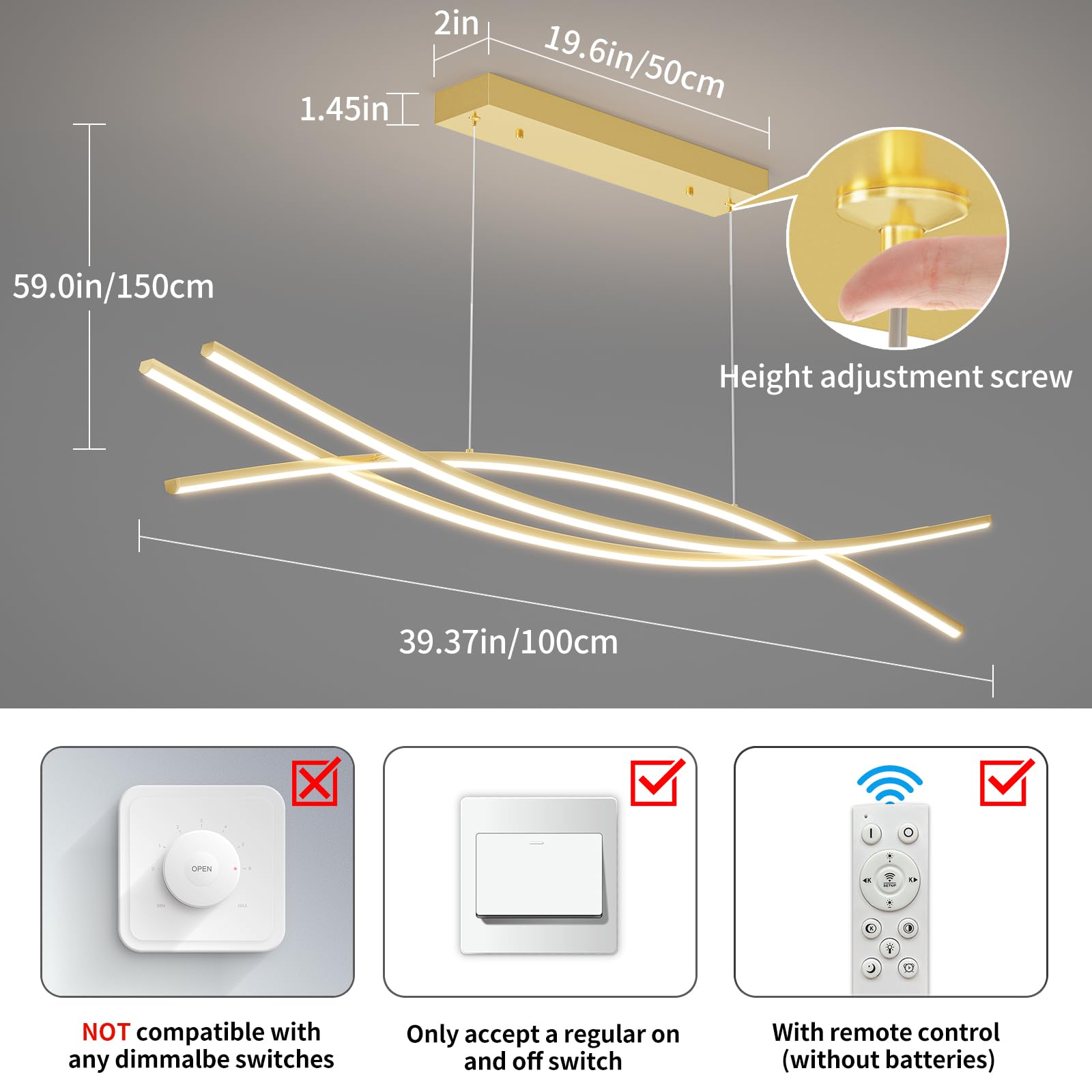 Modern Ceiling Chandelier Light, 39In Gold Pendant Light Fixtures With Remote Control 3000K-6500K Adjustable Color Temperature, Aluminum Island Lighting Lamp For Dining Room, Living Room, Island