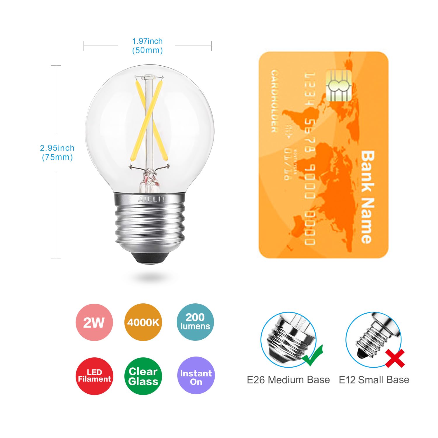 Aielit E26 Led Globe Bulb Dimmable, 2W(25-Watt Equivalent), Natural White 4000K, A15/A50 E26 Base Led Edison Light Bulbs For Han