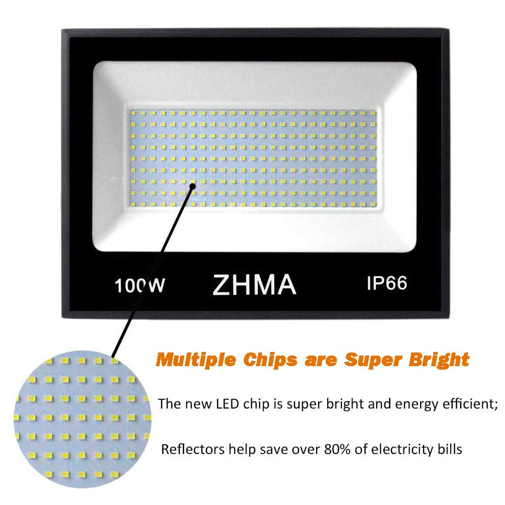 ZHMA 100W LED Flood Lights Outdoor, 9000LM Bright, IP66 Waterproof, 2 Pack, 6500K White for Garage, Yard, Garden, Basketball Court