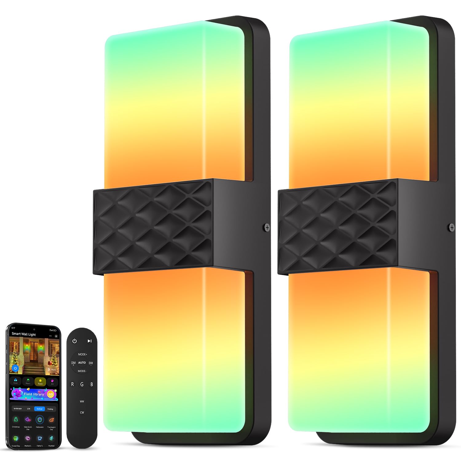 SMAVISTA Smart Outdoor Wall Lights, 1500LM RGBCW Porch Lights with 44 Scene Modes, DIY Color Effects, IP65 Waterproof Security L