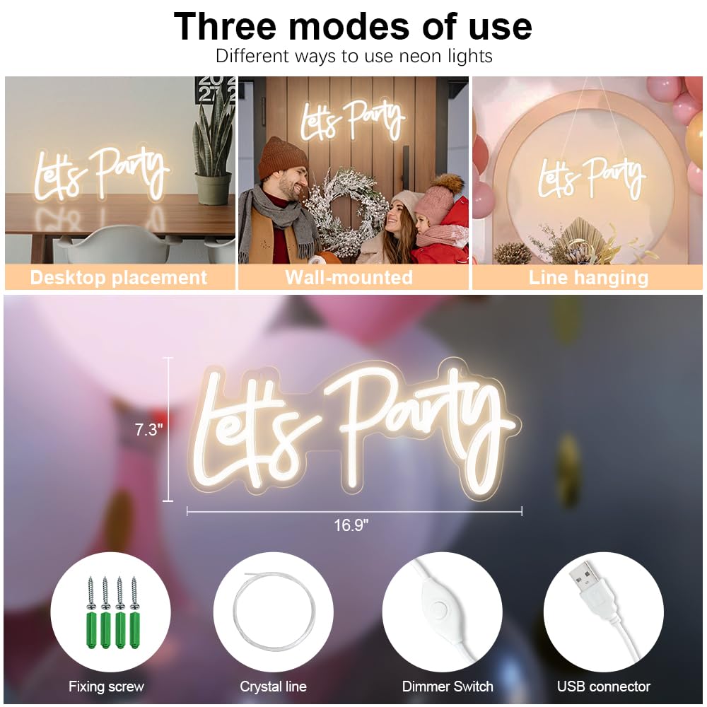 Colysor Neon Sign - Lets Party, Dimmable, 17x7.5inch, Warm White Acrylic Wall Decor for Birthday, Wedding, Bachelorette, Valentines Day
