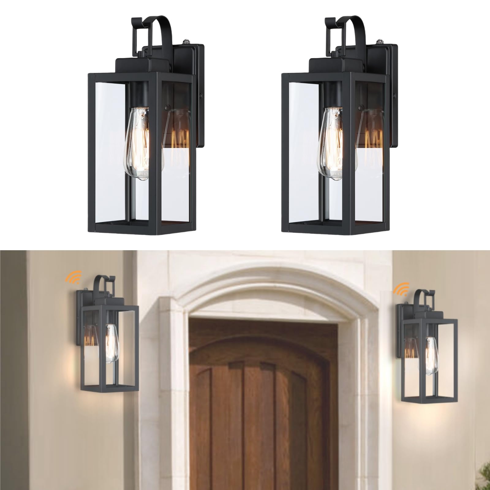 WISBEAM 2 Pack 13.75in Black Outdoor Wall Sconce, Dusk to Dawn Outdoor Wall Light, E26 Base 60W Max, Metal Housing Plus Glass, E