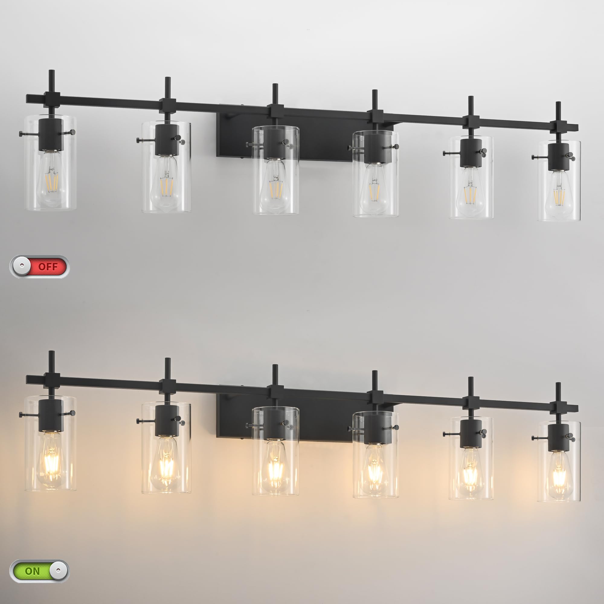 SOLFART 49.2" Black Vanity Light Fixture, 6 Lights, Glass Shade, Model 7200-6T-BK, Wall Light for Bathroom, Matt Black Finish