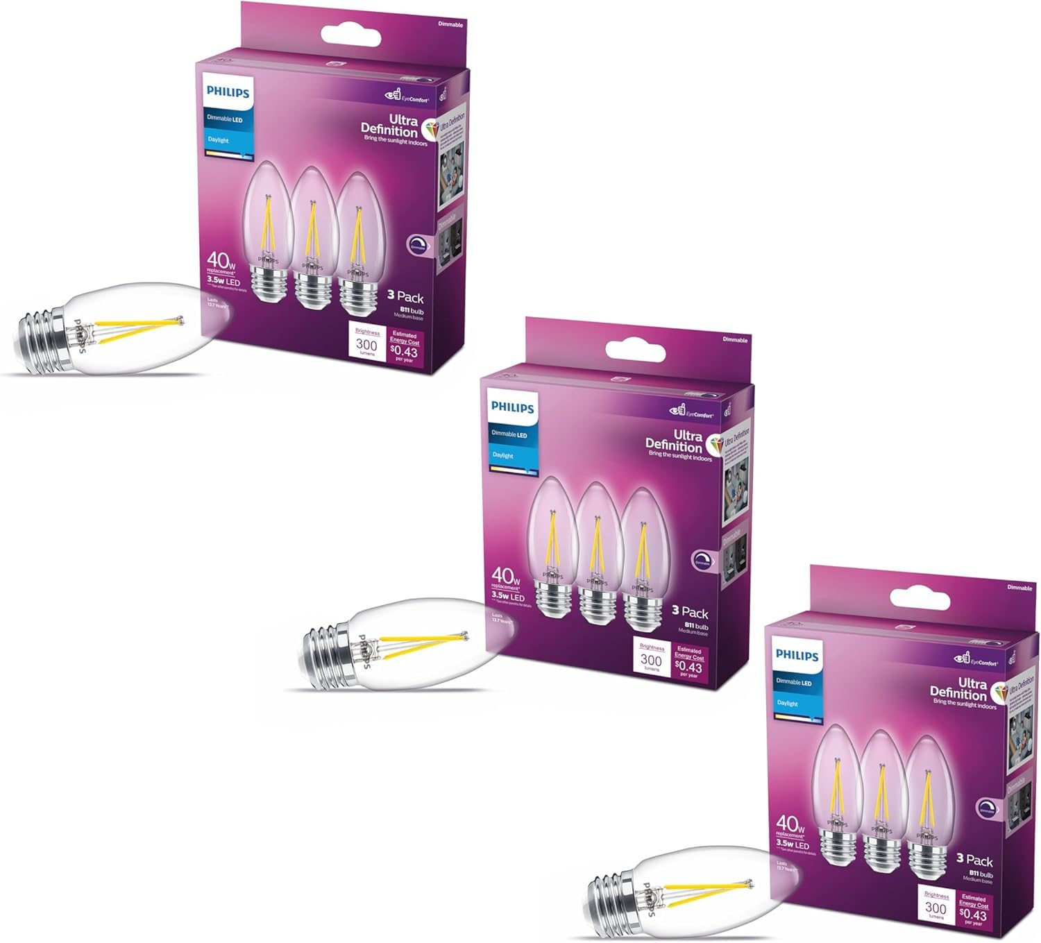 Philips Led B11 Ultra Definition Led Globe Light Bulbs - 300 Lumen - Flicker-Free Dimmable 60W Light Bulb With Eyecomfort Techno