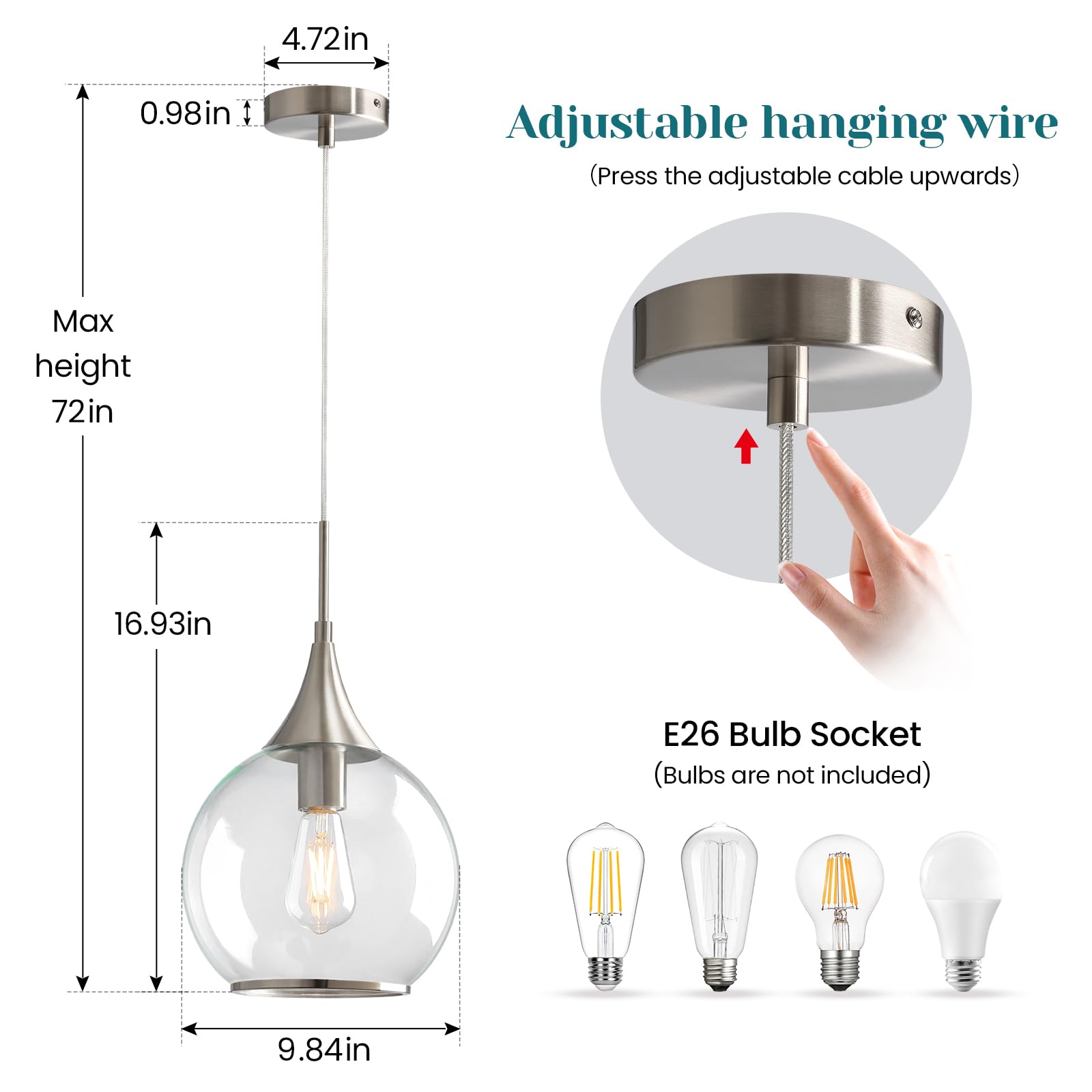 Hahzt Pendant Lights Kitchen Island: Brushed Nickel Light Fixture Farmhouse With Clear Glass - 10 Inch Mid Century Globe Kitchen