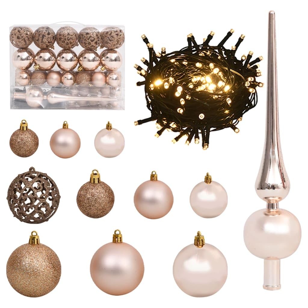 vidaXL 61 Piece Christmas Ball Ornaments Set, Shatterproof Xmas Decorations with 150 LED Lights, 12.6x3.9x9.8 in, Rose Gold