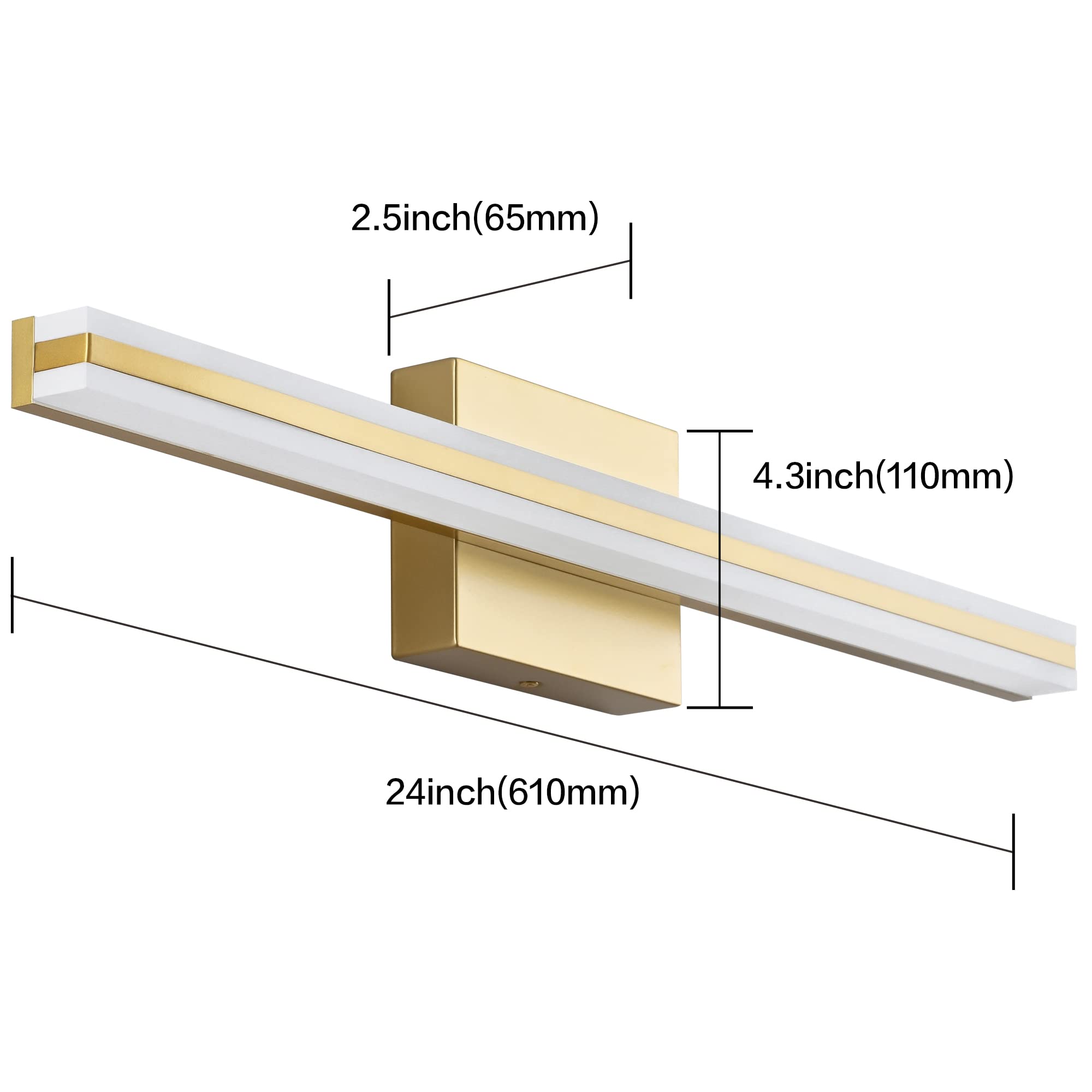 SOLFART Modern Bathroom Vanity Light Fixture Dimmable 24 Inch LED Gold Aluminum Over Mirror