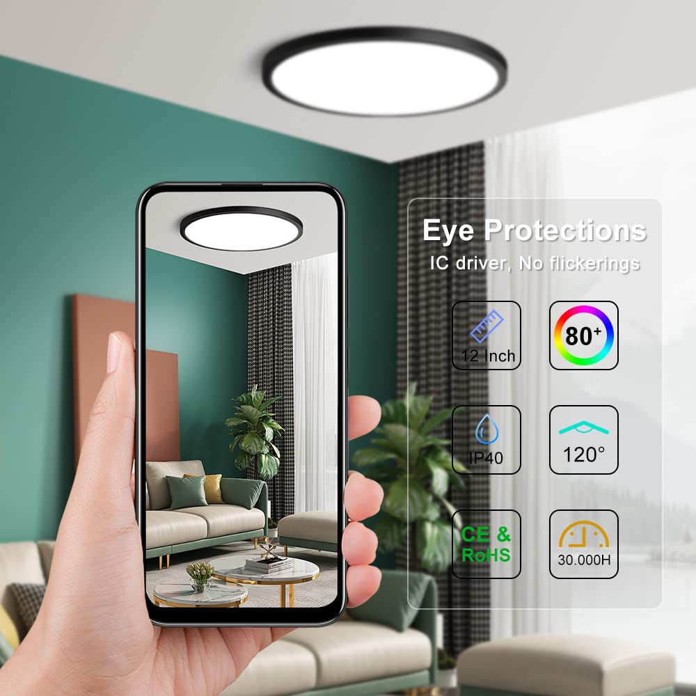Ledlightsworld 12 Inch Led Ceiling Light Fixture, 24W, Daylight White 5000K, Black, Flush Mount, 3200Lm, Low Profile For Home Use