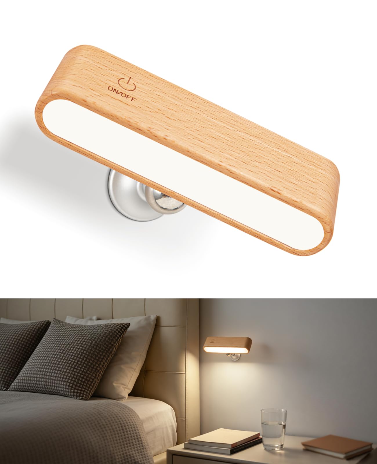 Wood LED Wall Sconce, Magnetic 360 Rotatable Wall Mounted Night Light & Reading Light, Small Rechargeable Battery Powered Bedsid