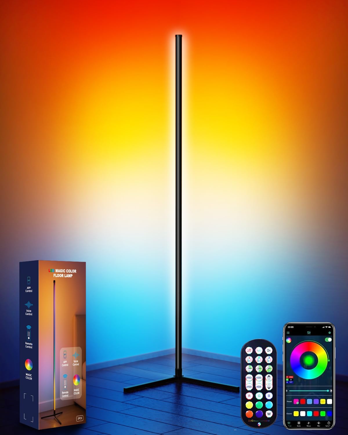 Bodami Smart RGB Corner Floor Lamp, APP & Voice Control, 16 Million Color Changing LED Light with Remote, Dimmable Ambient Light