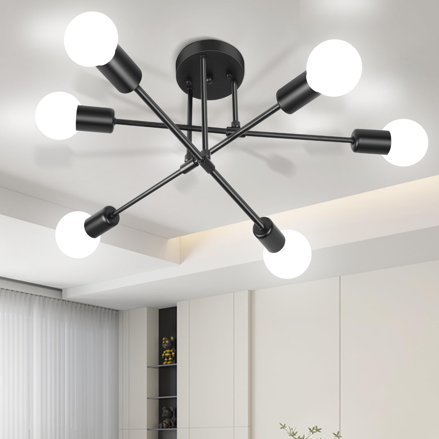 Silampdi Modern Sputnik Chandelier, 6-Light Black Ceiling Light Fixture, Industrial Dining Room Light Fixture For Bedroom, Kitchen, Living Room, Hallway, E26 Base, Bulbs Not Included