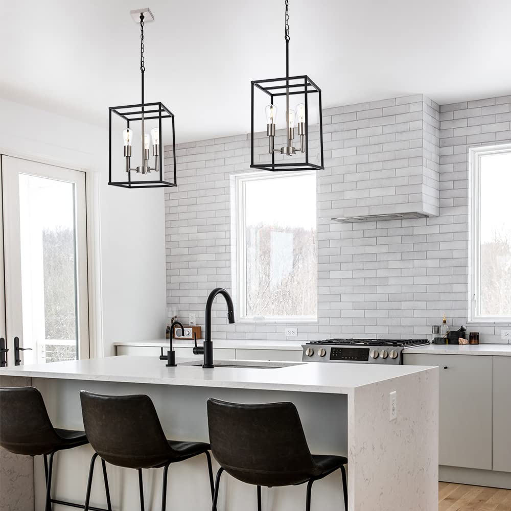 VINLUZ 3 Light Lantern Pendant Lighting, Black & Brushed Nickel, Industrial Chandelier for Kitchen Island, Model 270-3BS