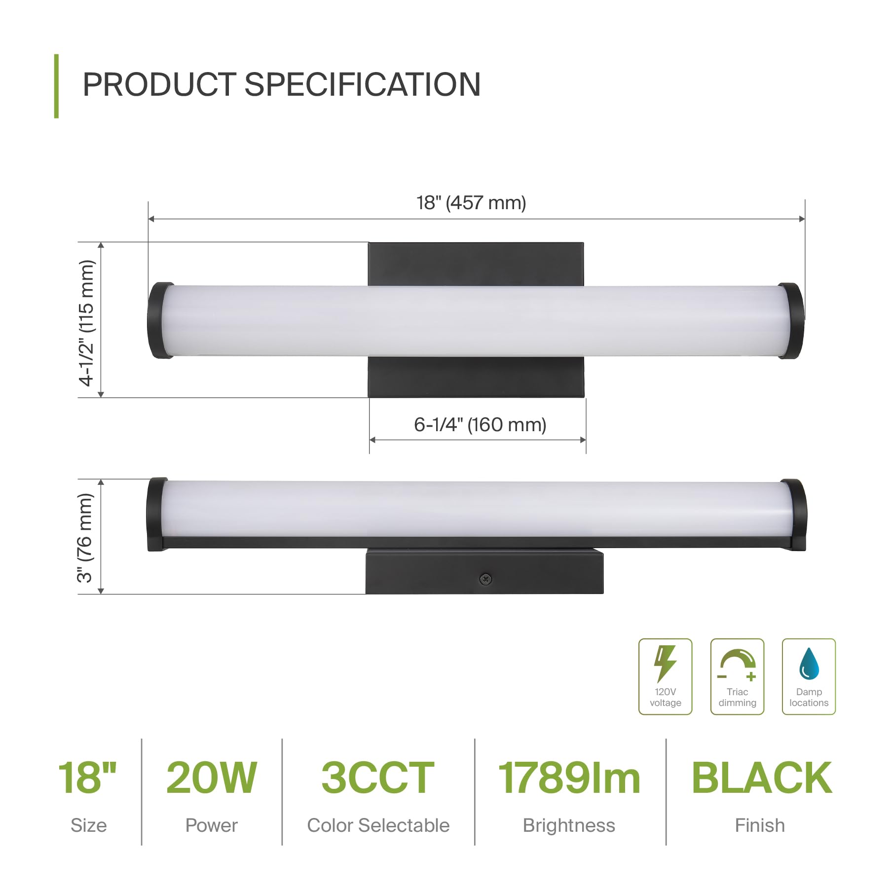 Asd Led 18 Inch Wall Mount Vanity Lighting Fixture | 20W 1800Lm 3000K-5000K 120V | 3Cct, Dimmable, Energy Star, Etl Listed | Bat