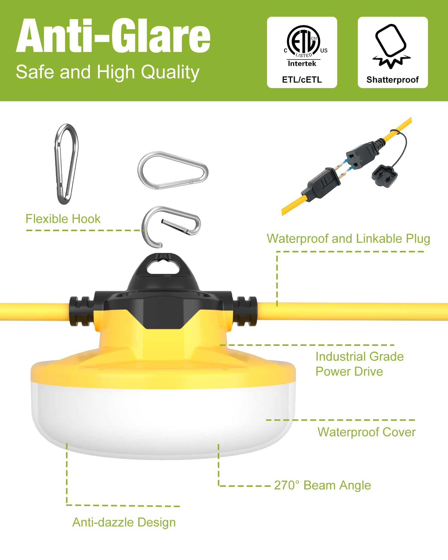 Yxl 130W 16000Lm Construction String Lights 100Ft Industrial String Work Lights, Ip65 Waterproof 123Lm/W Super Bright For Construction Sites Temporary Work Jobsites Outdoor Lighting