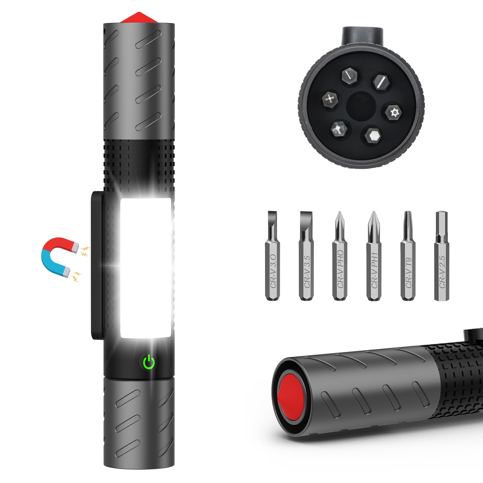 USB C Rechargeable LED Flashlight with Magnetic Base& COB Work Light, 120 Adjustable, Screwdriver & Emergency Window Breaker, 7 