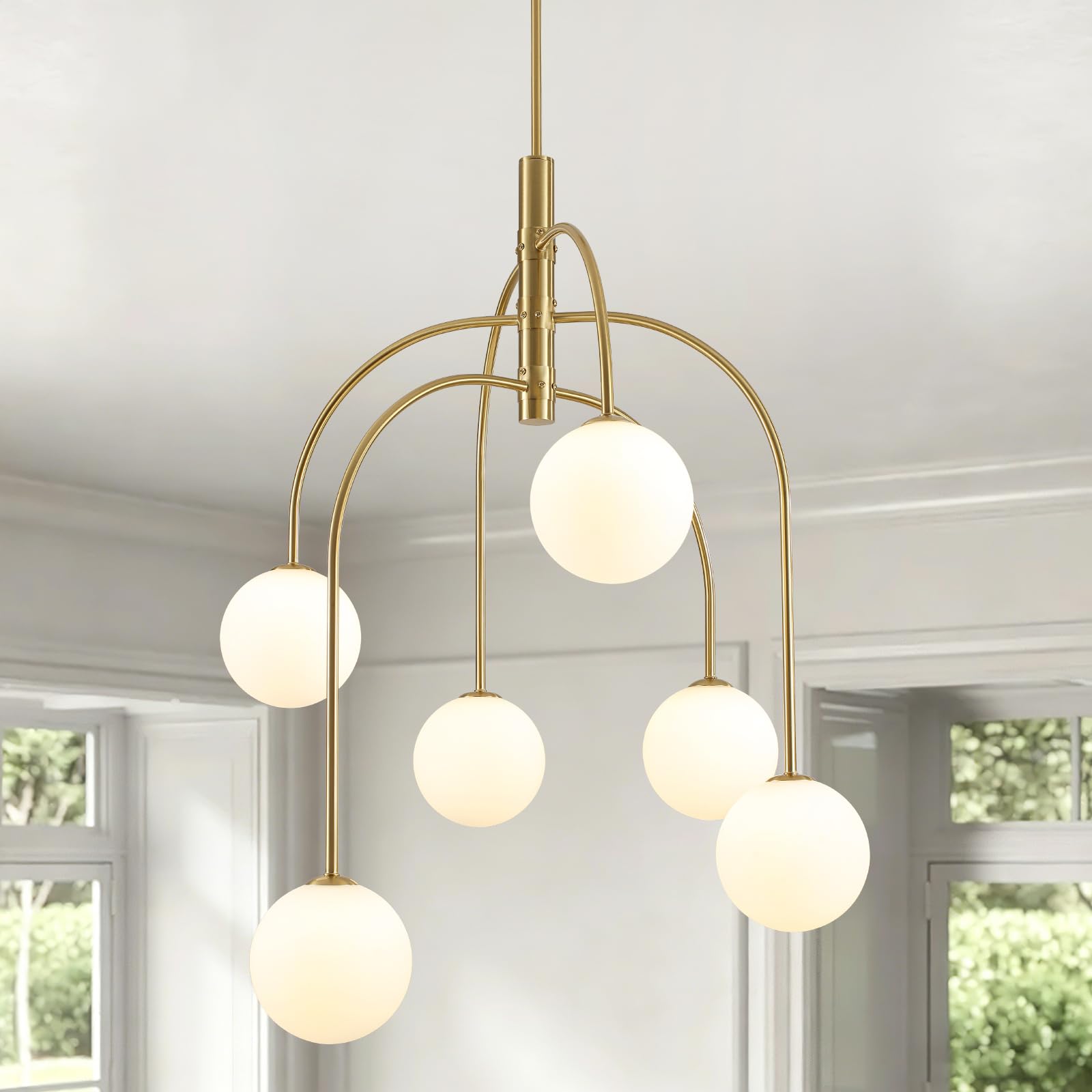 Mid Century Modern Chandelier, 6-Light Gold Globe Chandelier Milk Glass Chandelier Light Fixture, Adjustable Sputnik Hanging Pen