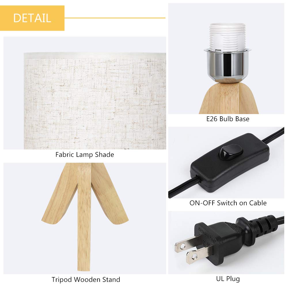 Haitral Small Wooden Tripod Table Lamps Set Of 2 With Linen Shades For Bedroom & Living Room