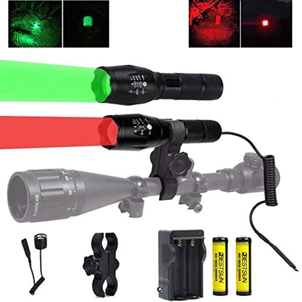 BESTSUN 350 Yard Red and Green LED Coyote Hog Hunting Flashlight Light with Pressure Switch & Scope Mount  Zoomable Green and Red Light Predator Varmints Hog Night Hunt Tactical LED Flashlights