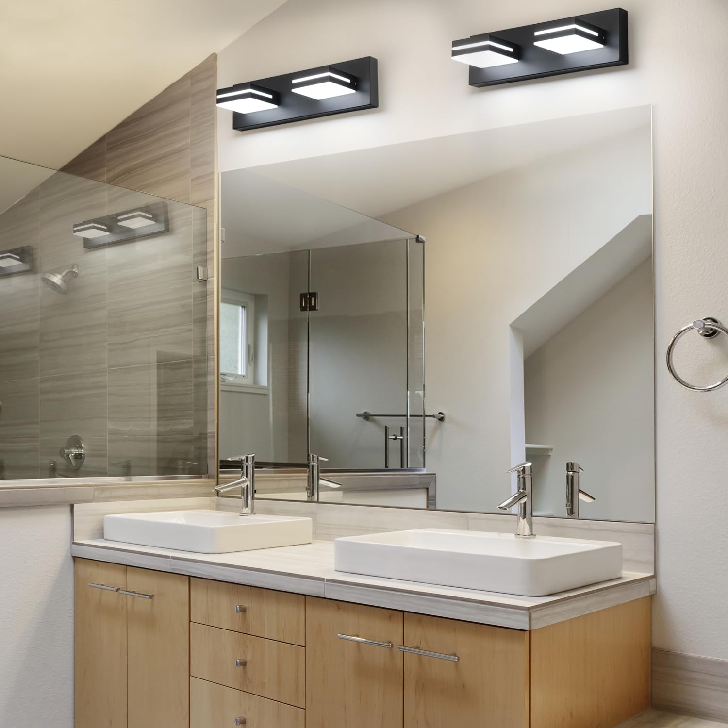 Sinerise Led Modern Bathroom Vanity Light Fixtures (2-Light, 15.5-Inch), Matte Black Modern Acrylic Bathroom Wall Lighting Fixtu