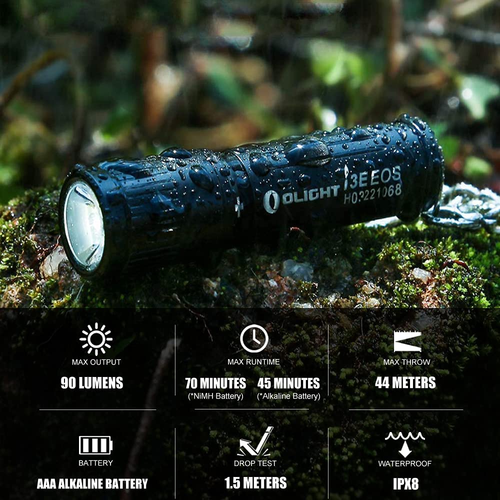 OLIGHT i3E EOS Mini EDC Flashlight, 90 Lumens, Aluminum, Black, Model AM-I3E-Black, Compact Keychain Light for Night & Camping